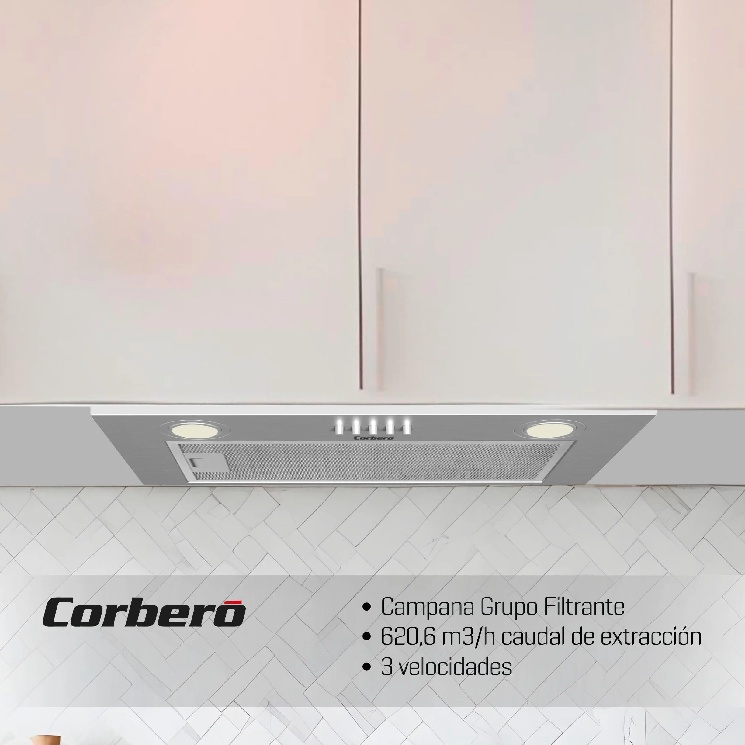 Corberó - Campana Extractora Grupo filtrante VENTOR7260X | 72cm, 600 m3/h, 3 Velocidades, Filtros Aluminio y Carbón, A, Inox