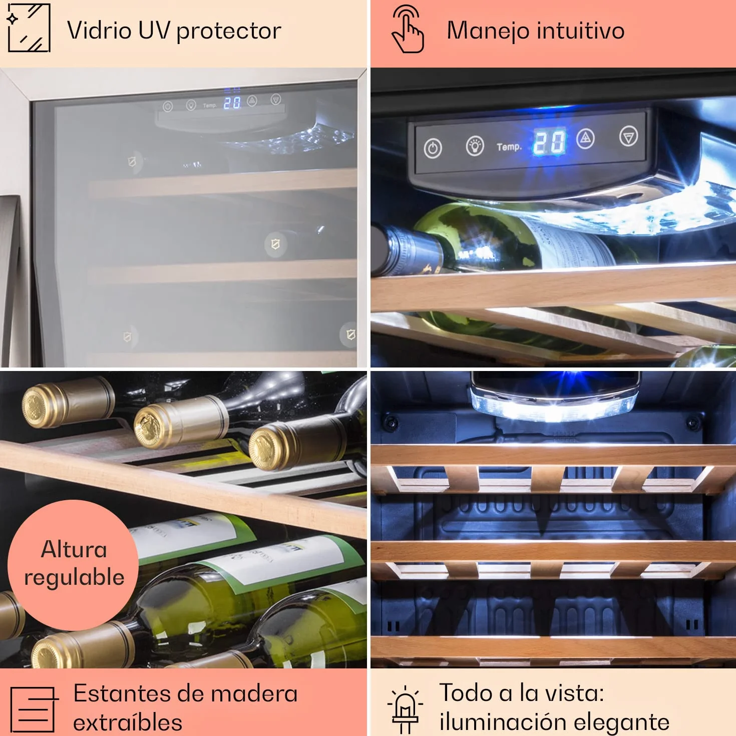 Klarstein Vinoteca 26 Botellas, Nevera Vinos, Una Zona de Refrigeración, Nevera Expositora Vino y Cerveza, Vinoteca Interior y Exterior con Puerta de Cristal, Nevera Vino con Protección UV, 5-18°C