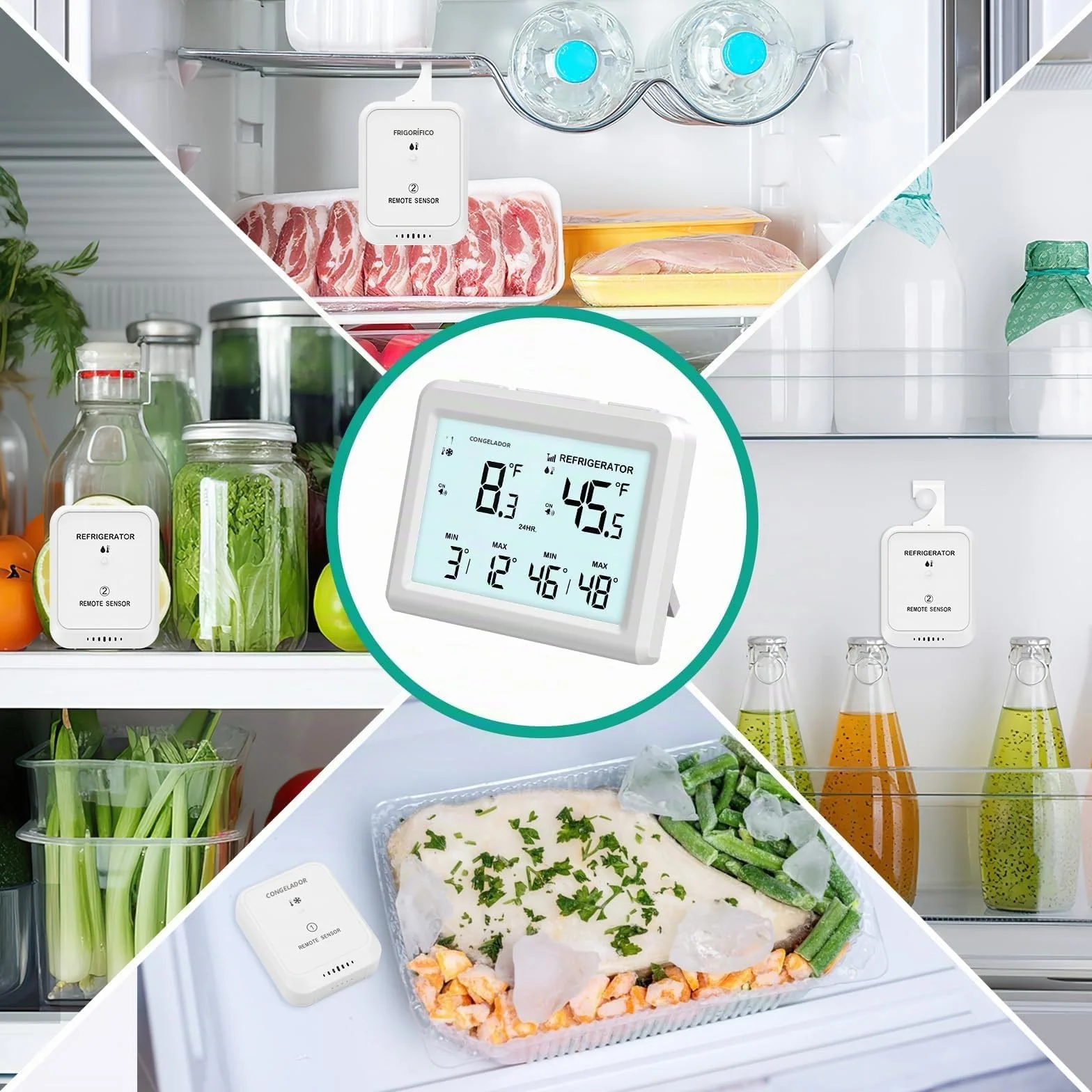 ORIA Termómetro Digital para Congelador, Termómetro para Nevera con 2 Sensores Inalámbricos, Pantalla LCD de 3,7", ℃/℉, Registro Min/Max, 2 Opciones de Montaje para Hogar y Restaurantes