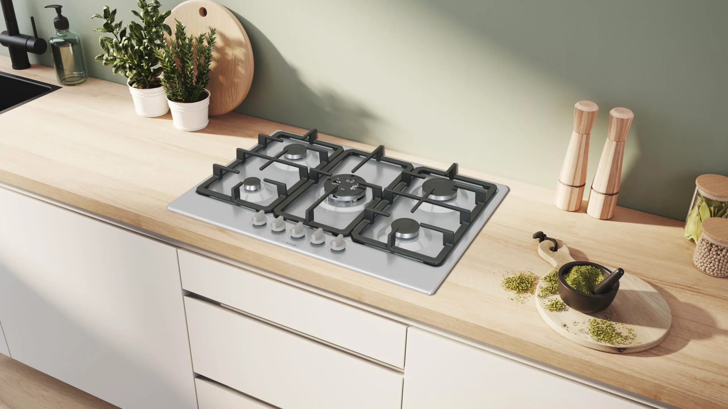 Piano Cottura A Gas - Bosch Serie 4 - 5 Fuochi - 52 X 75 X 4,5 Cm - Pgq7b5k90 - Acciaio Inox | Cocina de gas con control preciso de la llama, parrillas aptas para lavavajillas, wok, fabricado en Europa