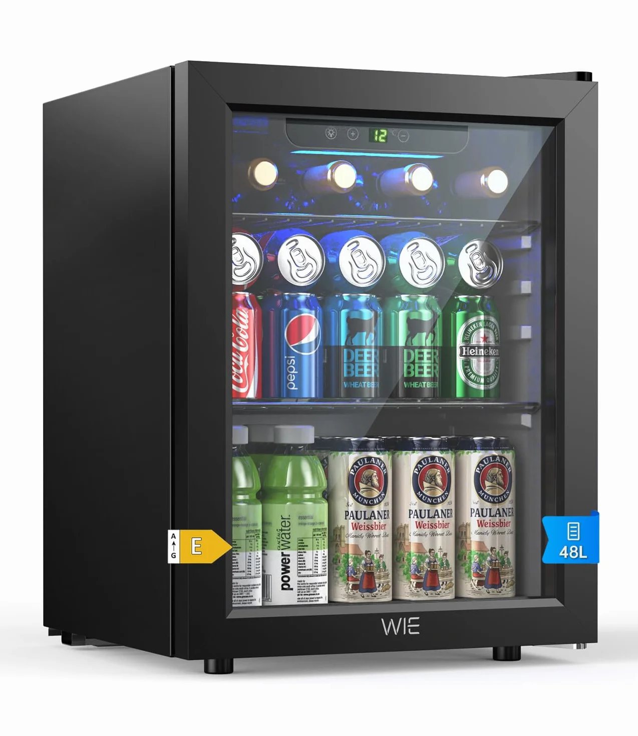 Mini Nevera 48L 68 Latas Frigorifico Pequeño con Puerta de Cristal, Temperatura Regulable, Iluminación LED, Silencioso