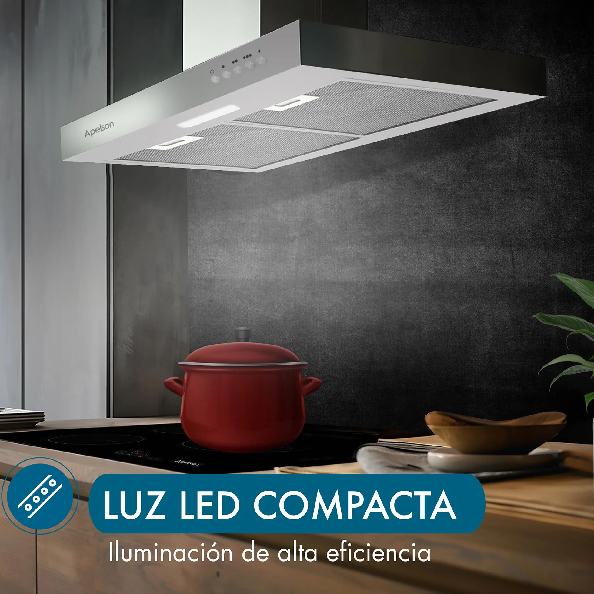 Apelson Campana extractora Cocina TALIA 601 X/A, 3 Niveles, Control Mecánico, Capacidad 301 m3/h, Silenciosa 60 dB, LED, Filtros Lavables, Consumo 67W Acero Inox