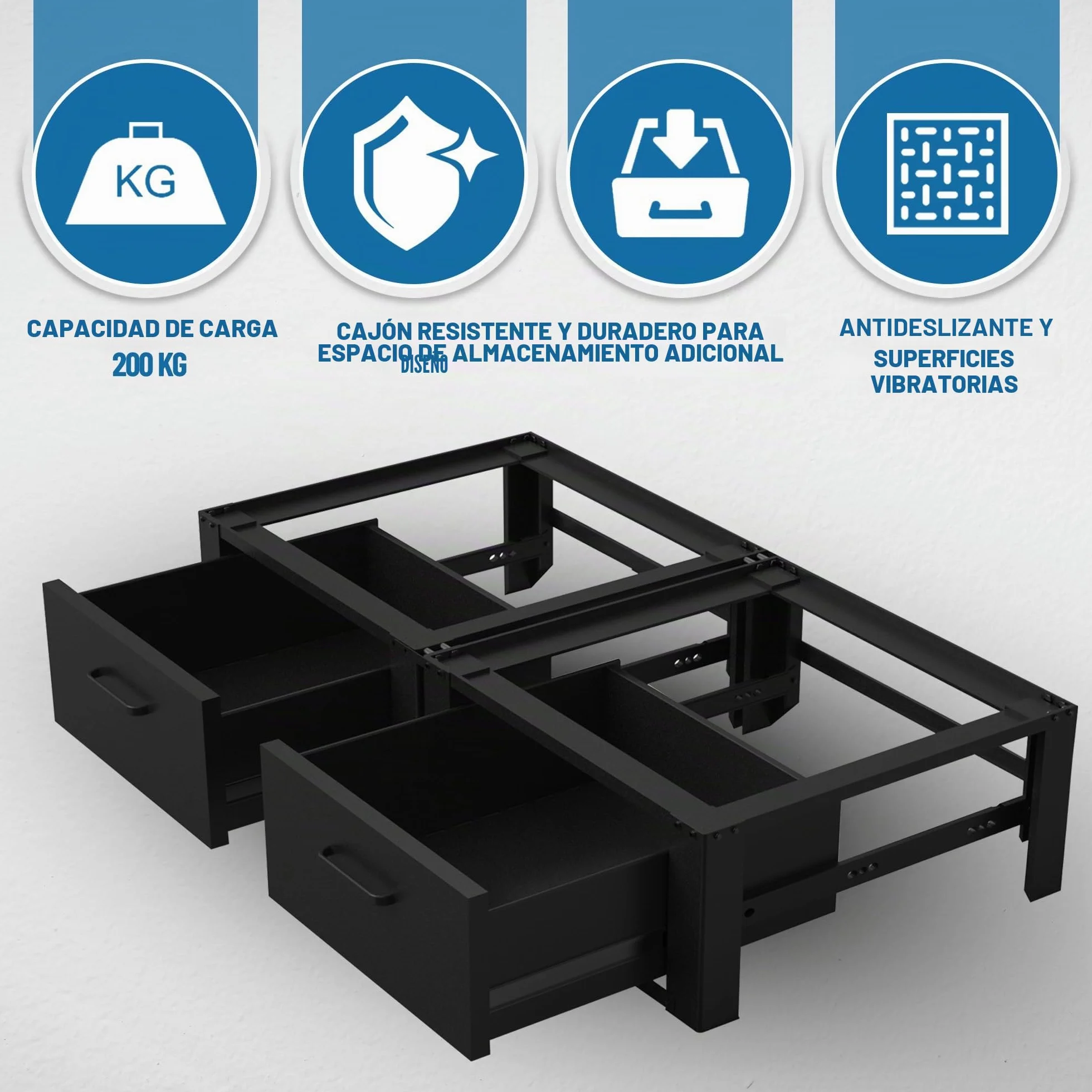 Vonia Lavadora Elevador con 2 Cajones - Base para Lavadora 127 x 54 x 31 cm hasta 200 kg - Pedestal para Lavadora Acero Aluminio Negro