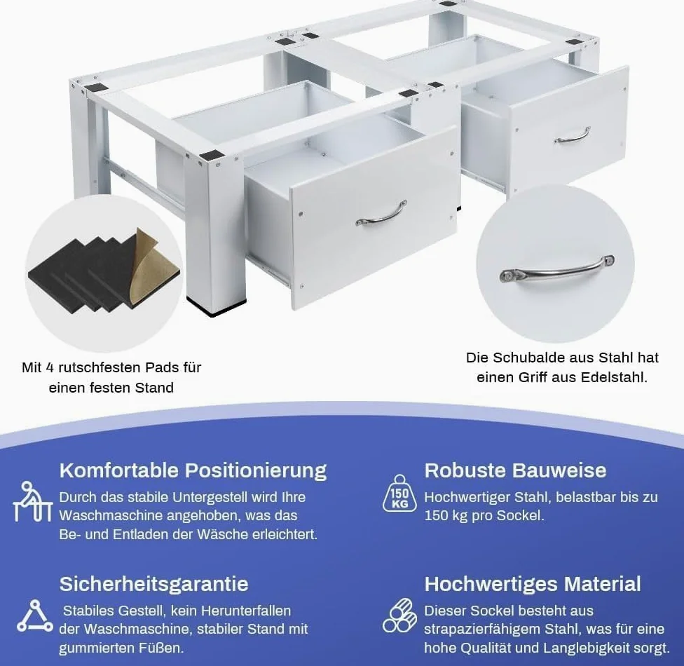 Estructura de acero de 2 compartimentos para lavadoras, secadoras, incluye cajones | Hasta 300 kg, 126 x 54 x 32 cm, doble armario de base doble, pedestal para lavadoras, pedestal elevador