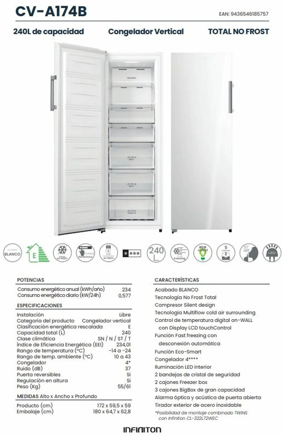 INFINITON Congelador Vertical CV-A174B, 240 Litros, 172 cm de Altura, No Frost Total, Fast freezing, Función Eco-Smart, Puerta reversibles, E, Blanco