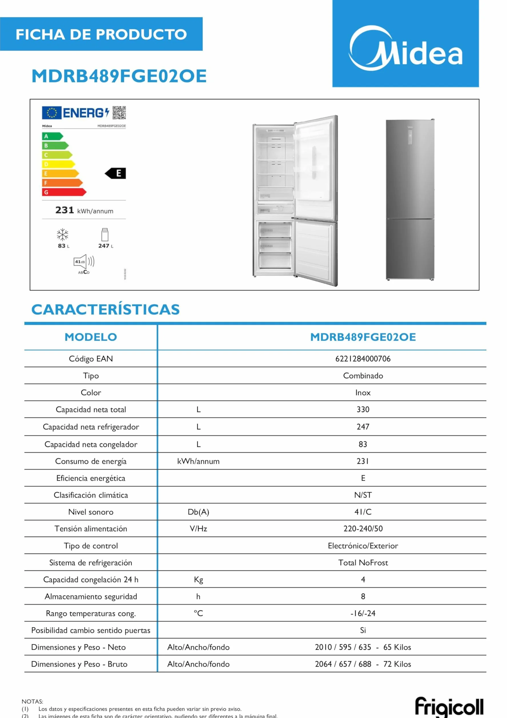 Midea Frigorífico Combi No Frost | 59,5 cm ancho x 201 alto cm | Inox | Nevera libre instalación 247 L + 83 L Congelador - Refrigerador de bajo consumo con congelador vertical
