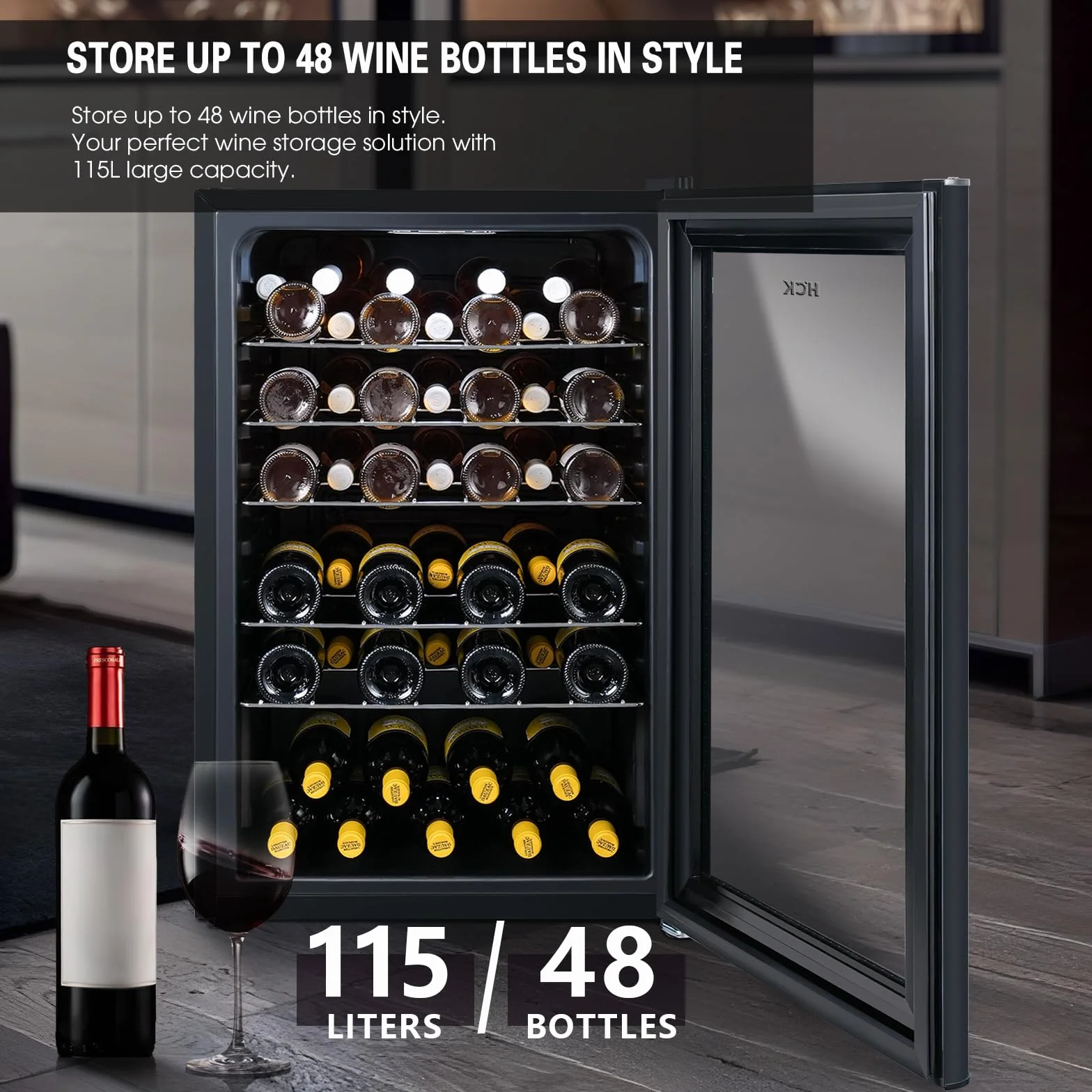 HCK Vinoteca, Nevera para Vinos 1 Zona de Refrigeración, 48 Botellas, 115 L, 4-22°C, Pequeña Nevera de 85 cm de Altura Con Panel Táctil, Silenciosa con Puerta de Vidrio, Negro