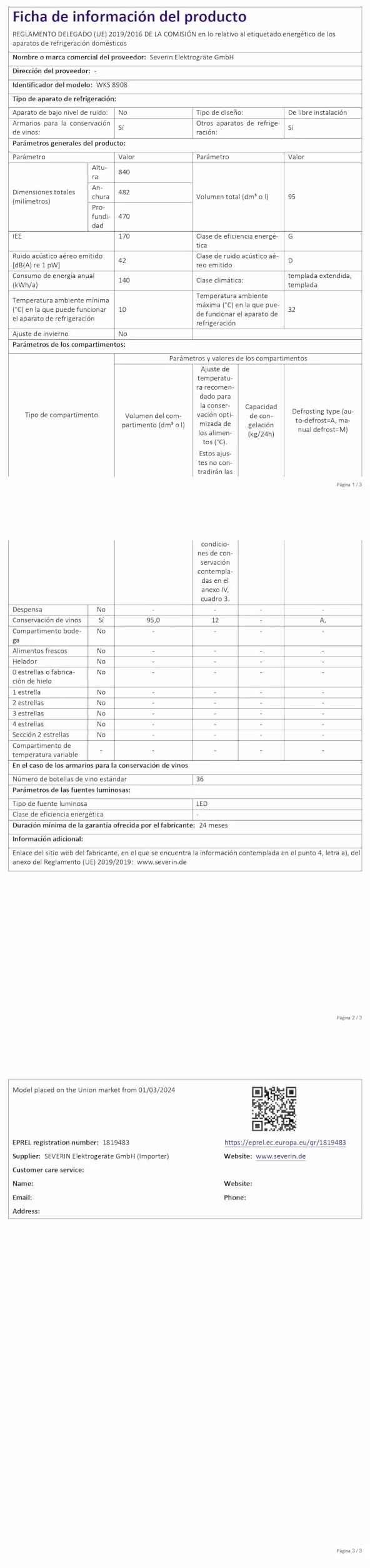 SEVERIN WKS 8908 Vinoteca para 33 Botellas, 95 L, Temperatura: 5° y 18°C, Nivel de Ruido 43 dB(A), Puerta de Cristal y Marco de Plástico y 6 Estantes cromados, 5 de Ellos Regulables en Altura, Negro