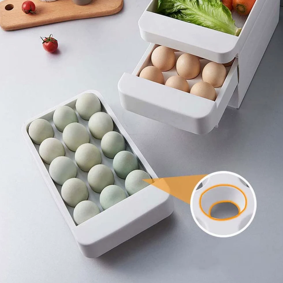 Bandeja de plástico para huevos, Caja de almacenamiento huevos plástico tipo cajón apilable tres capas for refrigerador varios tamaños