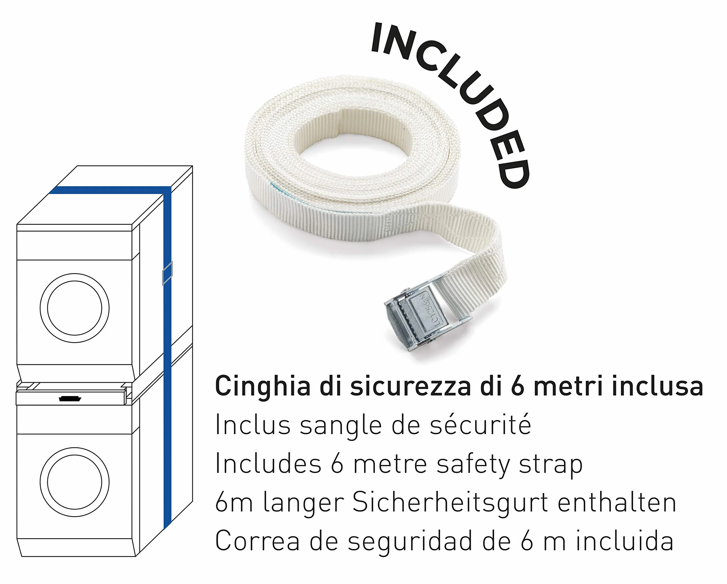 Meliconi Base Torre Pro, kit de superposición universal para lavadora y secadora con estante extraíble y correa de seguridad incluida. Fabricado en Italia, blanco, M