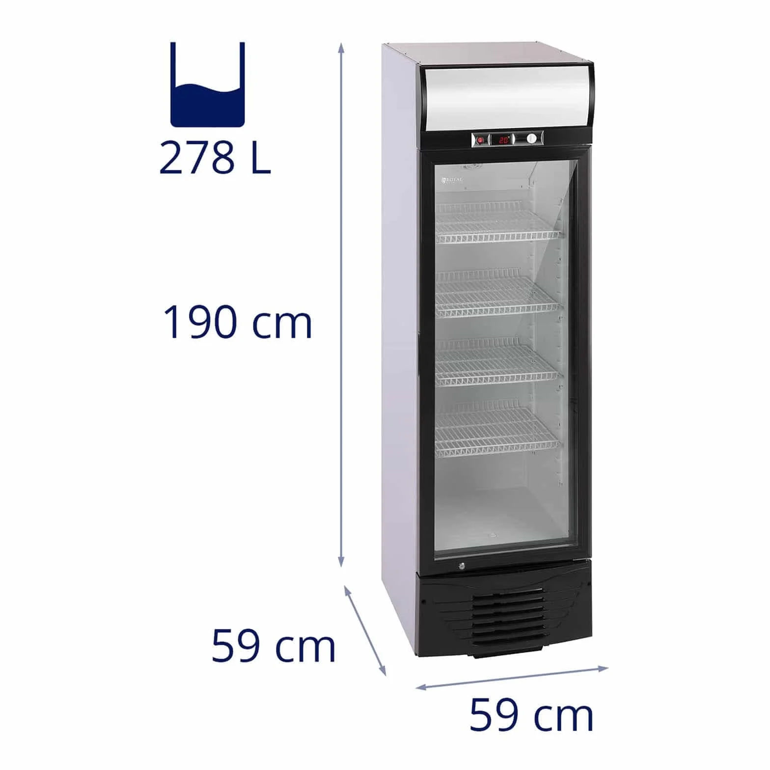 Royal Catering Nevera Expositora Para Bebidas RCGK-W278 (278 L, 210 W, 4 estantes, Puerta de cristal batiente con cerradura, Rango de temperatura 2–8 °C)