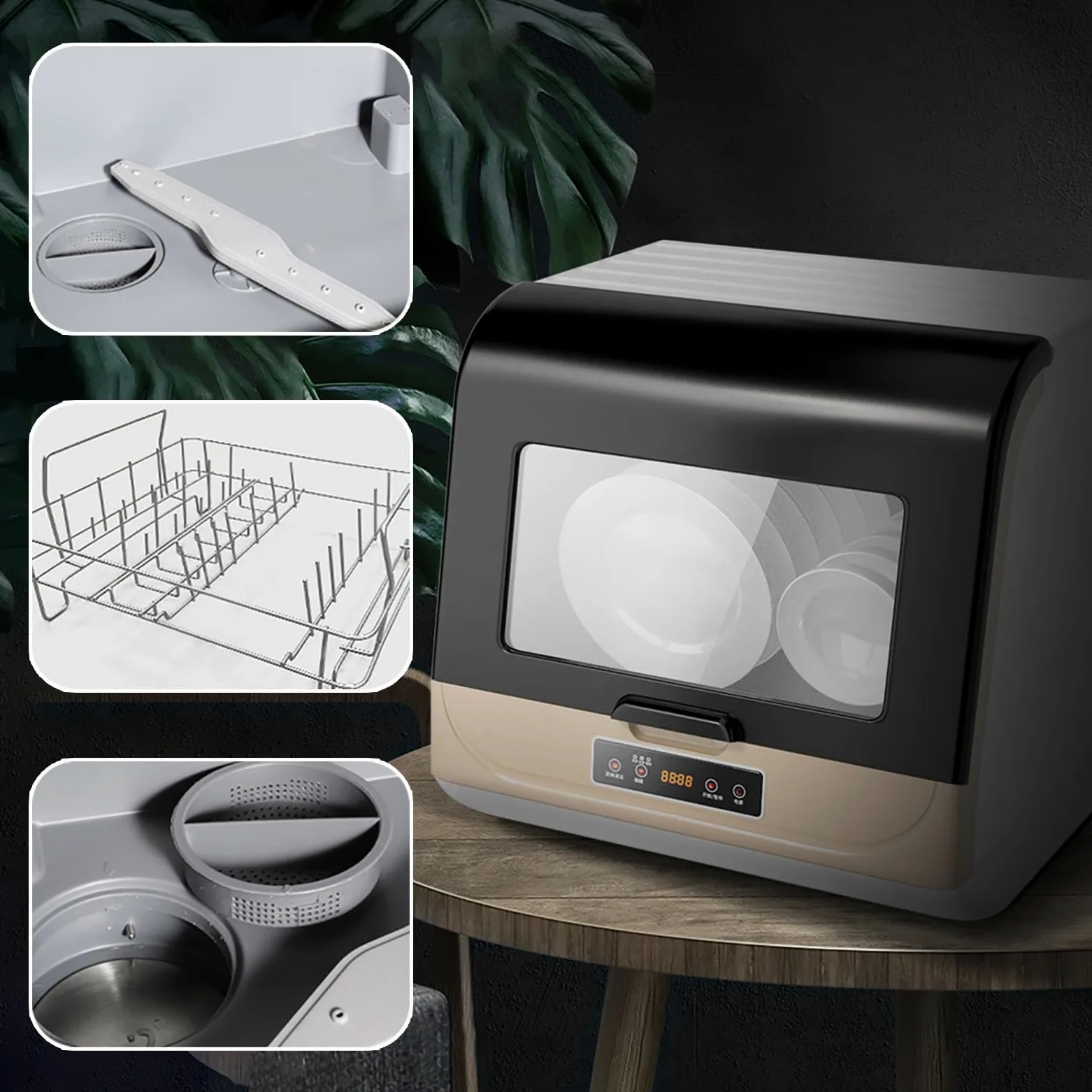 Inteligente automático Mini lavavajillas doméstico,Lavavajillas de encimera,Pantalla LED,3 Programas,Desinfección 360 ° Limpieza,Cuidado de Bebés y lavado de Fruta