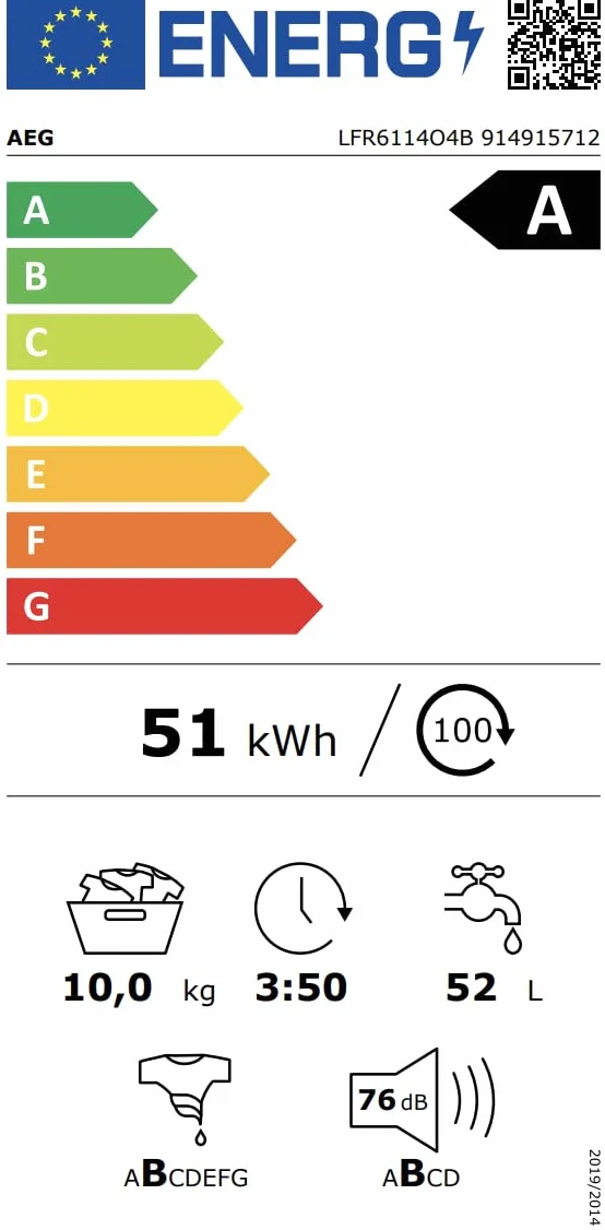 AEG LFR6114O4B Lavadora de Libre Instalación, Carga Frontal, 10 Kg, 1400 rpm, Motor Inverter, Programa antibacteriano, Programas a Vapor, Programa Rápido, LCD, Serie 6000, Blanca, Clase A