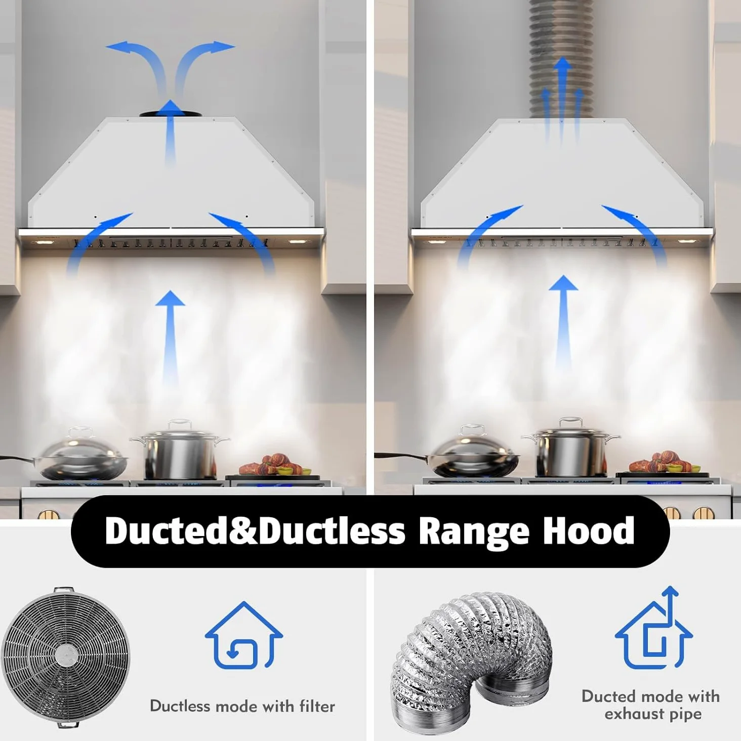 Campana extractora de 76,2 cm, campana de cocina integrada con 750 CFM, campana de ventilación convertible sin conductos, campana de estufa de acero inoxidable con sensor de gestos de 4 velocidades y