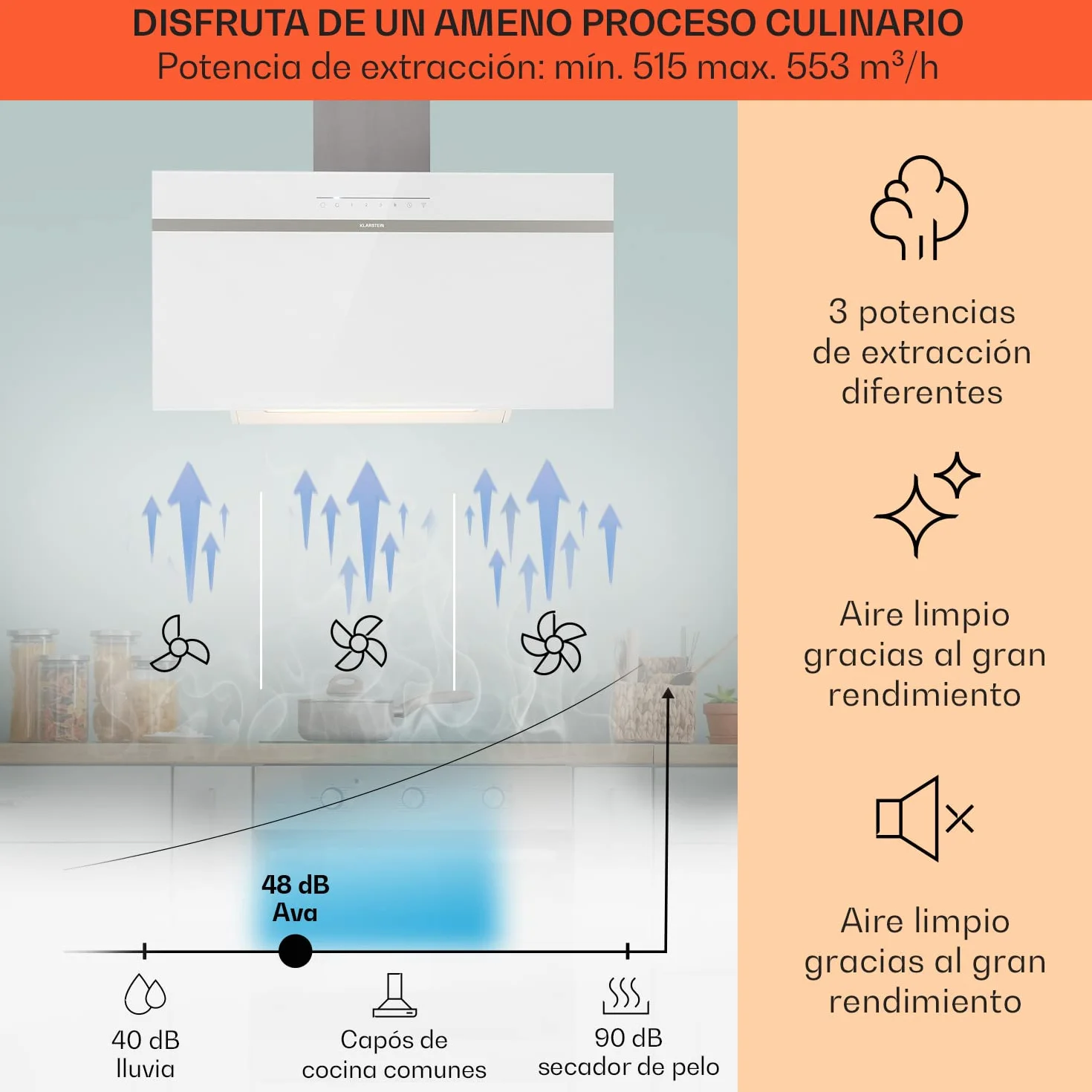 Klarstein Campana Extractora 90 cm, Campanas Extractoras, Extractor de Cocina con Filtro Anti Grasa, loT/Wi-Fi, Luces RGB LED, Flujo de Aire 514m³/h, Campana Bajo Consumo Silenciosa de Clase A++