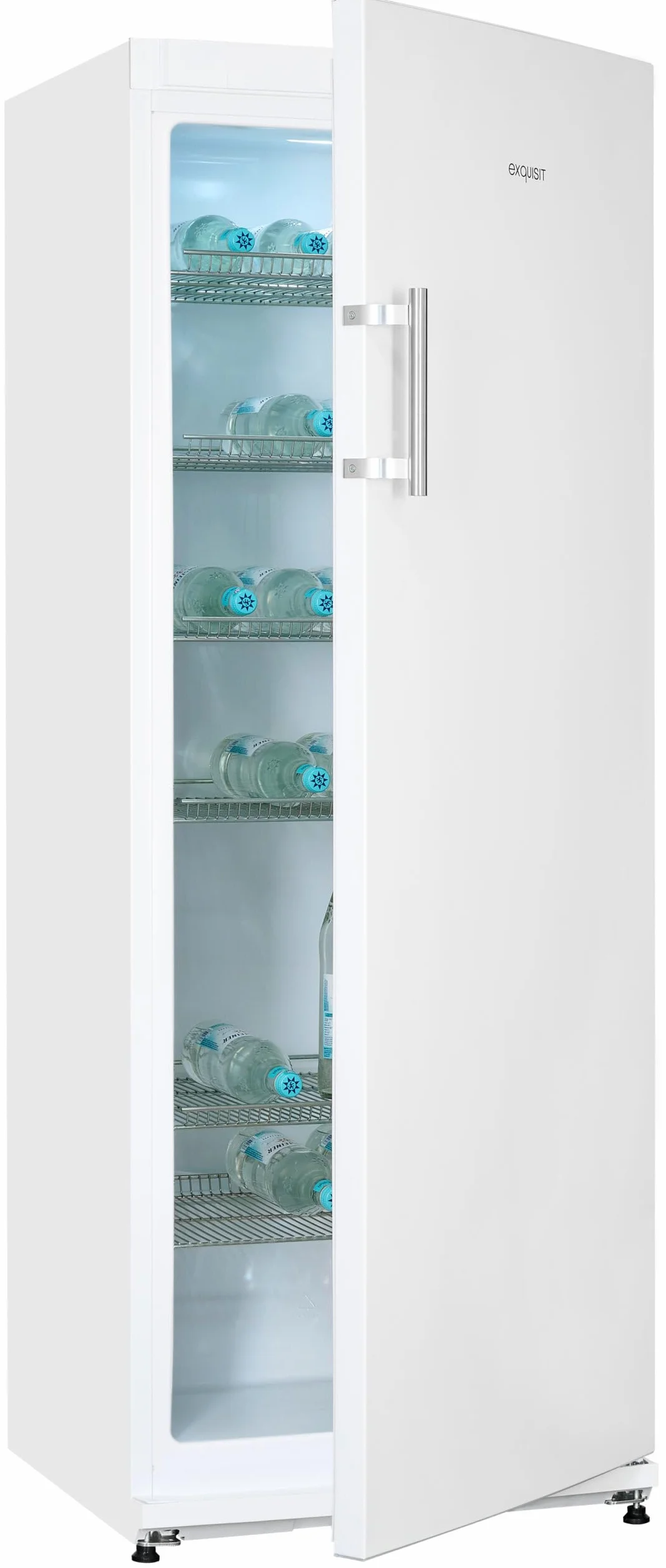 Exquisit® Frigorífico para Bebidas 296L, Color Blanco, Clase E, Puerta Reversible, 6 Estantes de Rejilla, Tirador Externo de Acero, Iluminación LED, Medidas (163,0 x 60,0 x 62,0 cm)