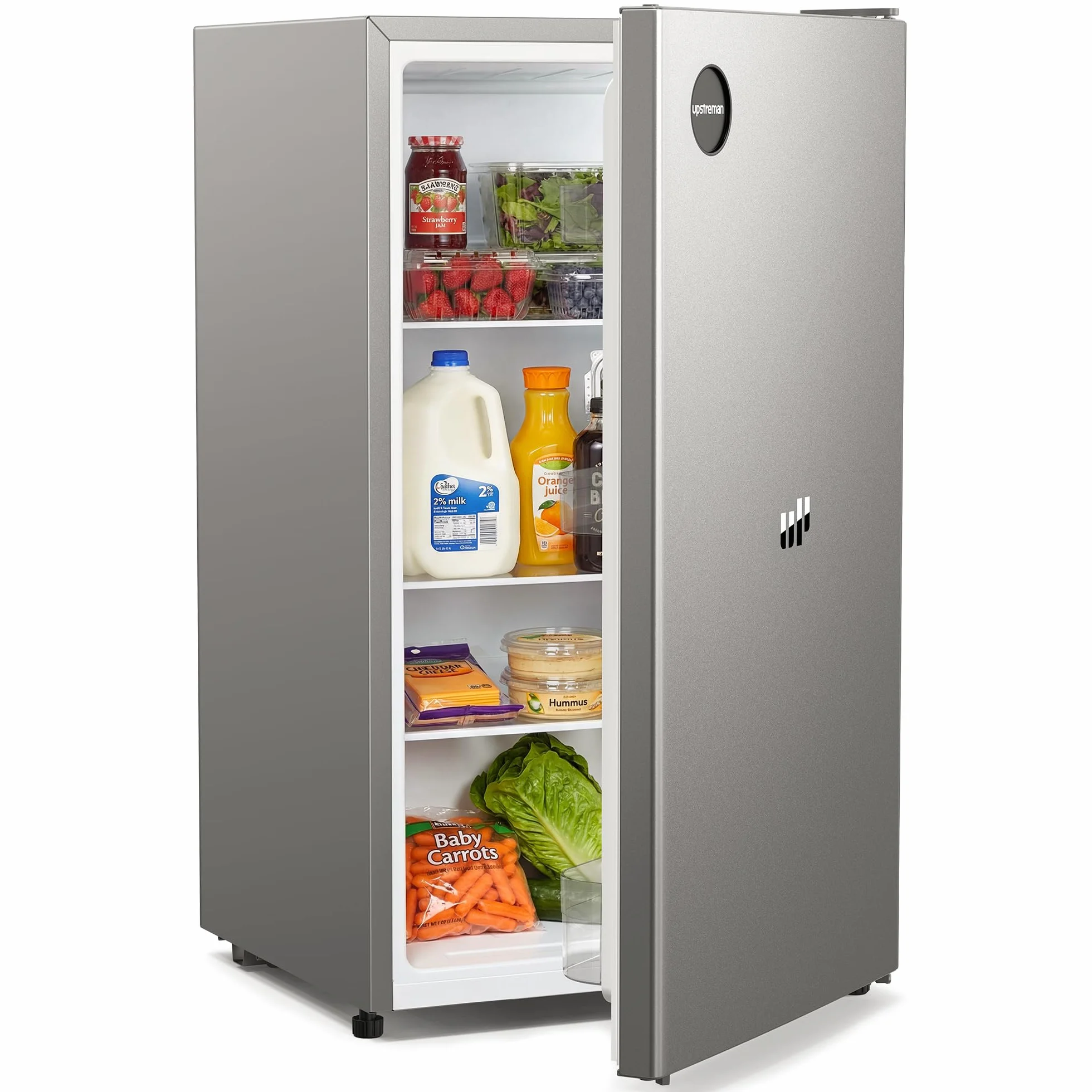 Upstreman 91 Litros Nevera Pequeña sin Congelador, Neveras Pequeñas 84cm, Luz LED Interior, 3 Estantes, 3 Balconeras, Frigorifico Para Hogar, Oficina, Gris Plateado,CR91