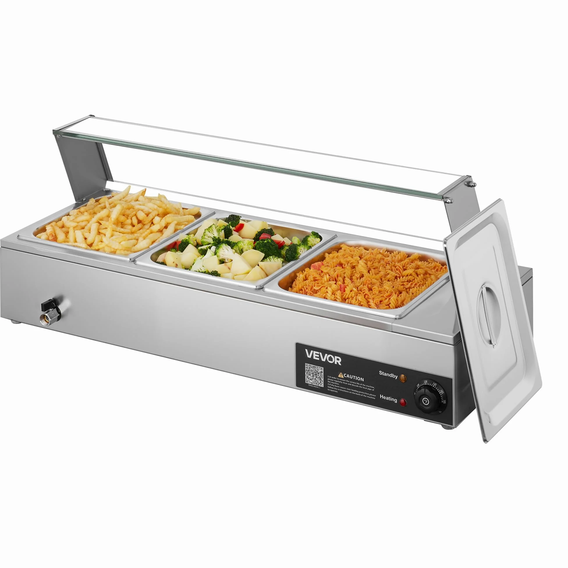 VEVOR Calentador de Alimentos, Tapa de Vidrio y 3 Recipientes,1,5 kW, Acero Inoxidable, Baño María, Estación de Calentamiento de Alimentos para Restaurantes, Fiestas y Buffets, 920 x 365 x 335 mm