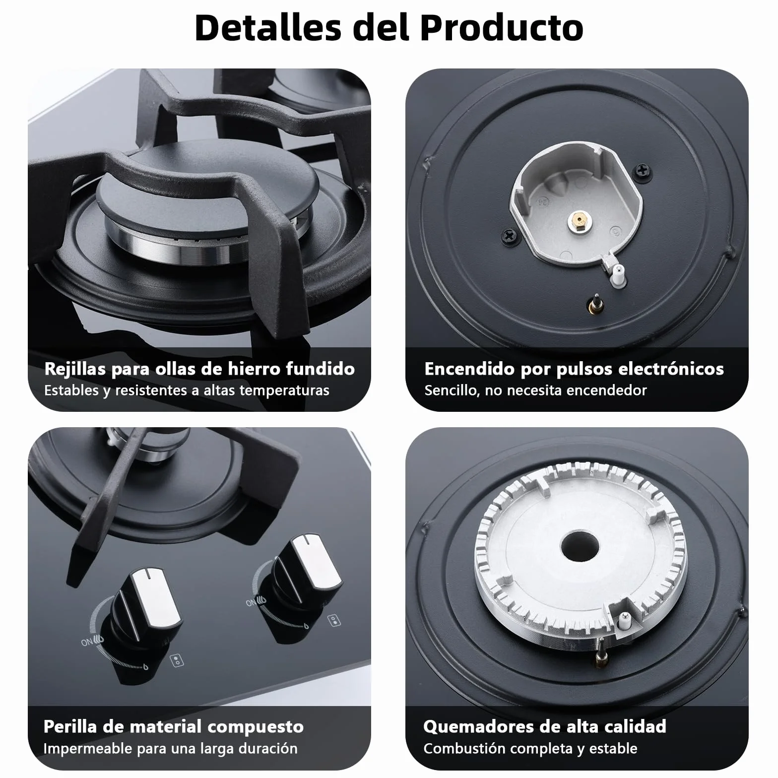 WEHIMO - Placa de cocina de gas de 2 fuegos, 2 fuegos empotrable, rejilla hierro fundido, 3700 W, gas ciudad y botella, cristal negro