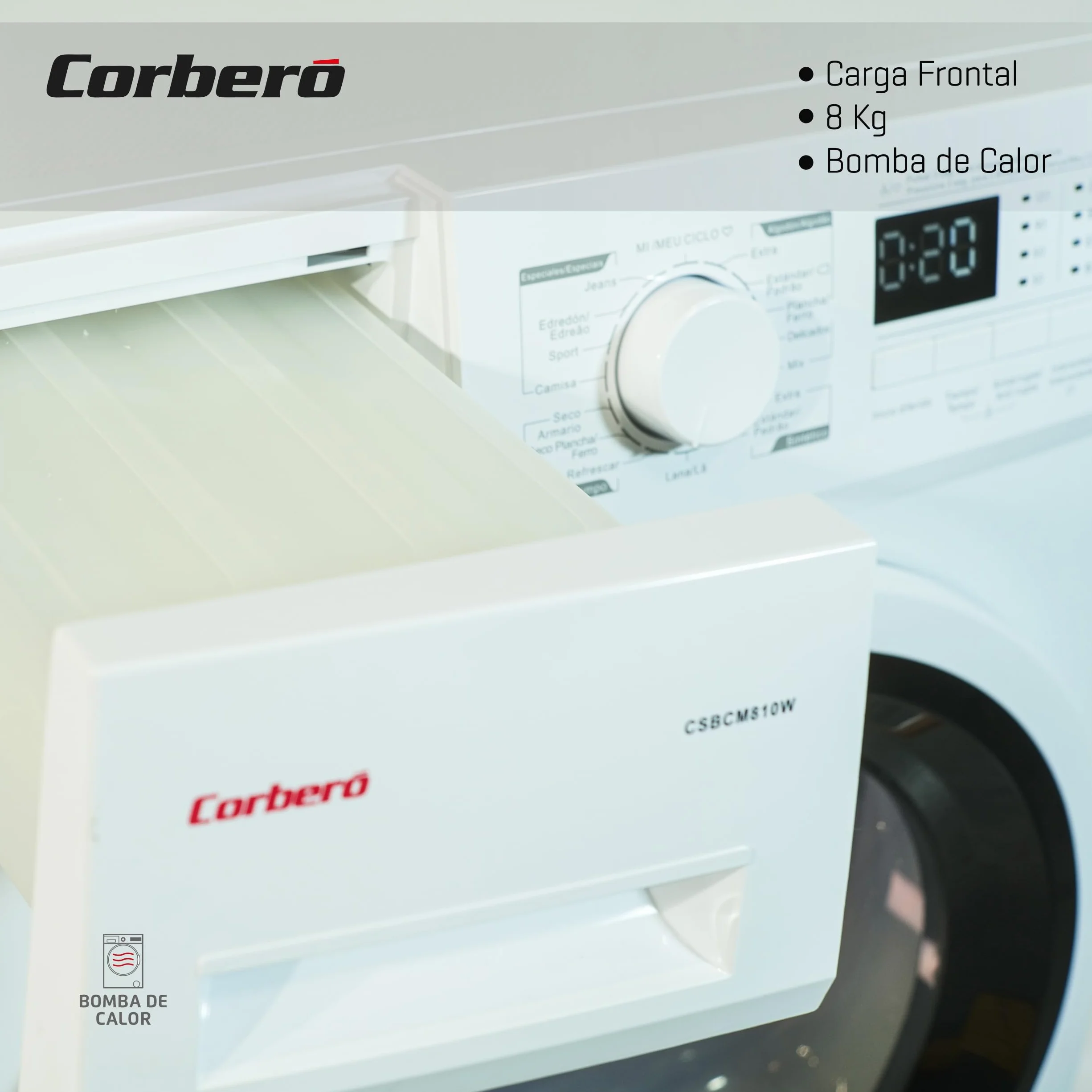 Corberó - Secadora Carga Frontal | CSBCM810W | 8 Kg | Bomba de Calor | Display LED | 16 Programas | Inicio Diferido | Función Inicio/Pausa | Antiarrugas | 65dB | Blanco