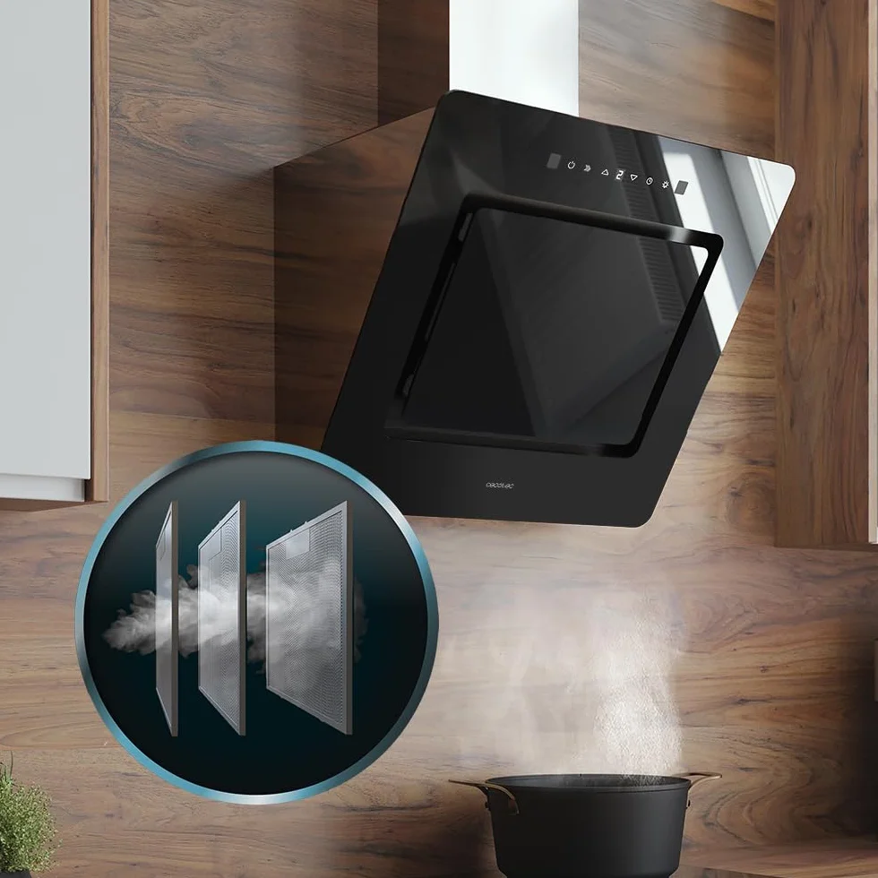 Cecotec Campana Extractora Decorativa 60 cm Bolero Flux DT 608002 Glass Black A++, 210W, Iluminación LED, Succión 800m3/h, Control Táctil, 3 Niveles, Filtro Carbono, Hand Movement, Delay Function