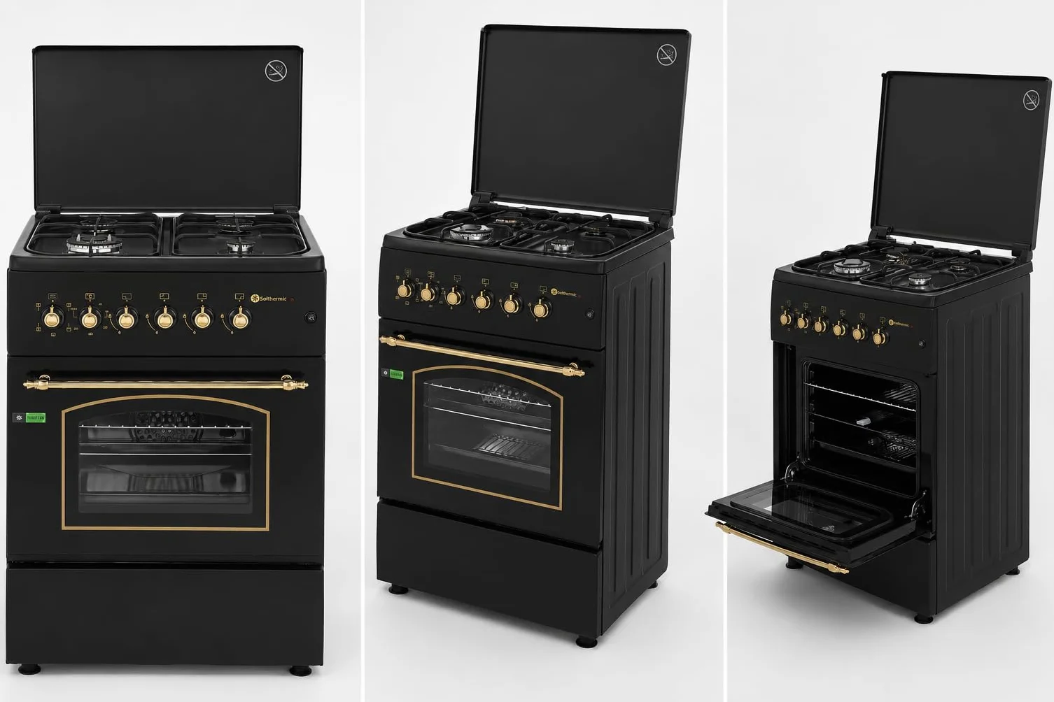 SOLTHERMIC F5S40E4RB Cocina Gas Horno Eléctrico 50 cm 4 Fuegos Encendido Automático Horno Multifunción 50 L Negra Rústica