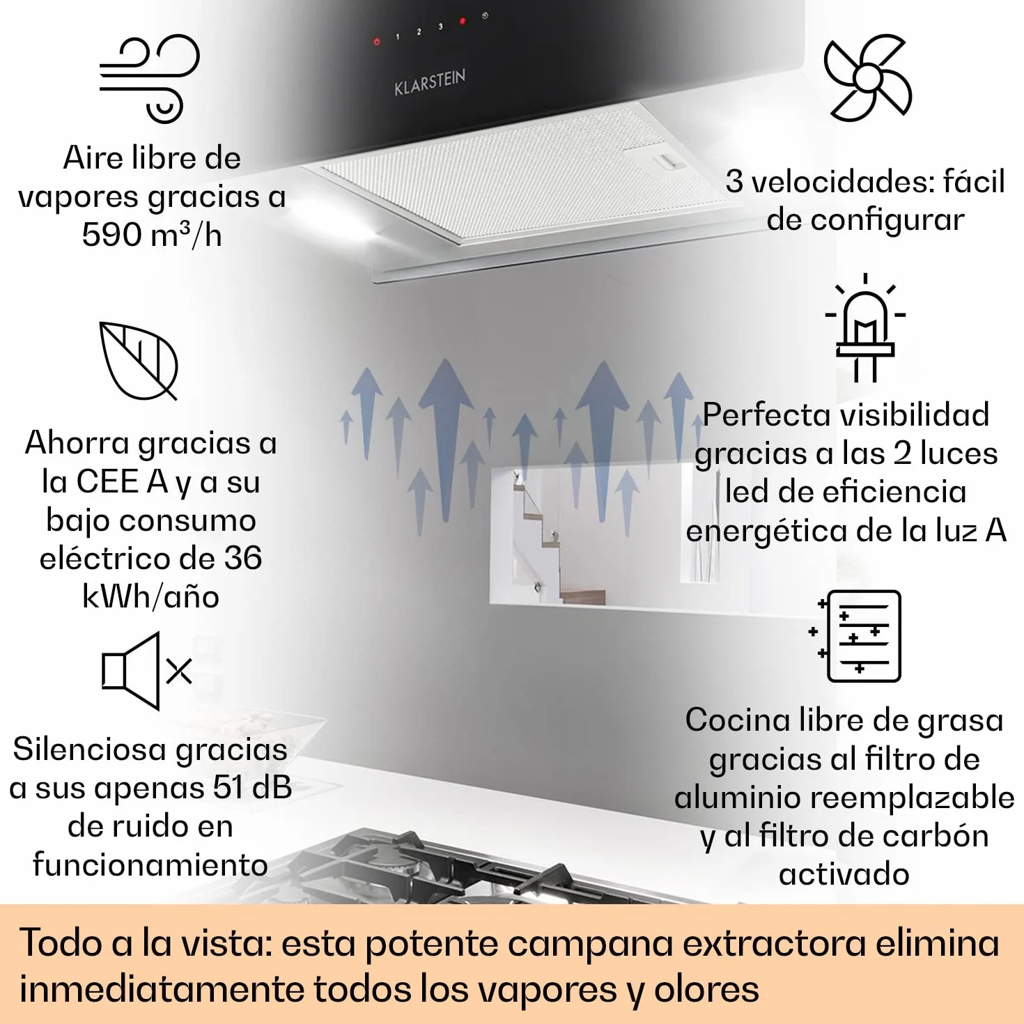 Klarstein Campana Cocina Extractor Techo 590m³/h Temporizador 3 Modos Filtros Carbón Activo