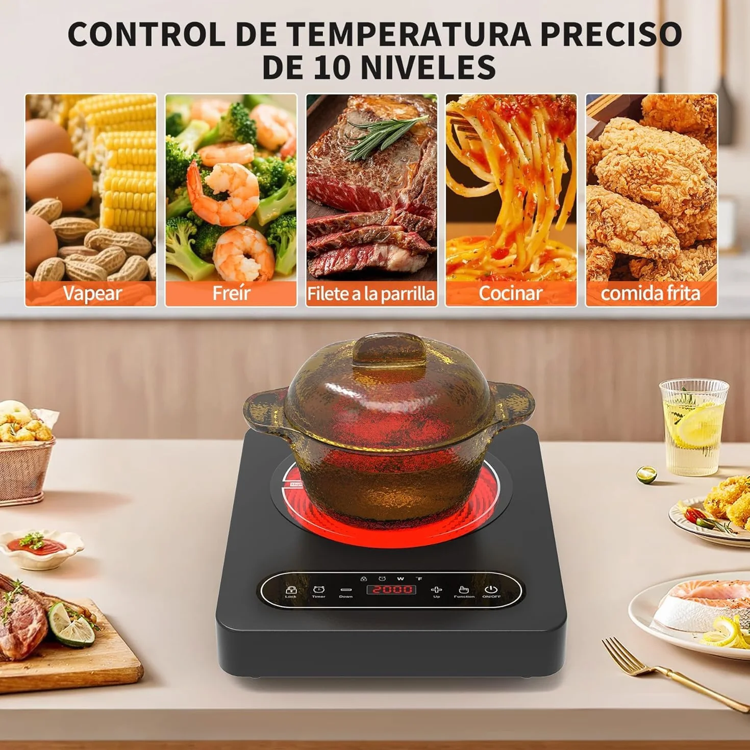 Placa Vitrocerámica Portátil 2000W 10 Niveles Temporizador 220V~240V Bloqueo Seguridad Controles Táctiles
