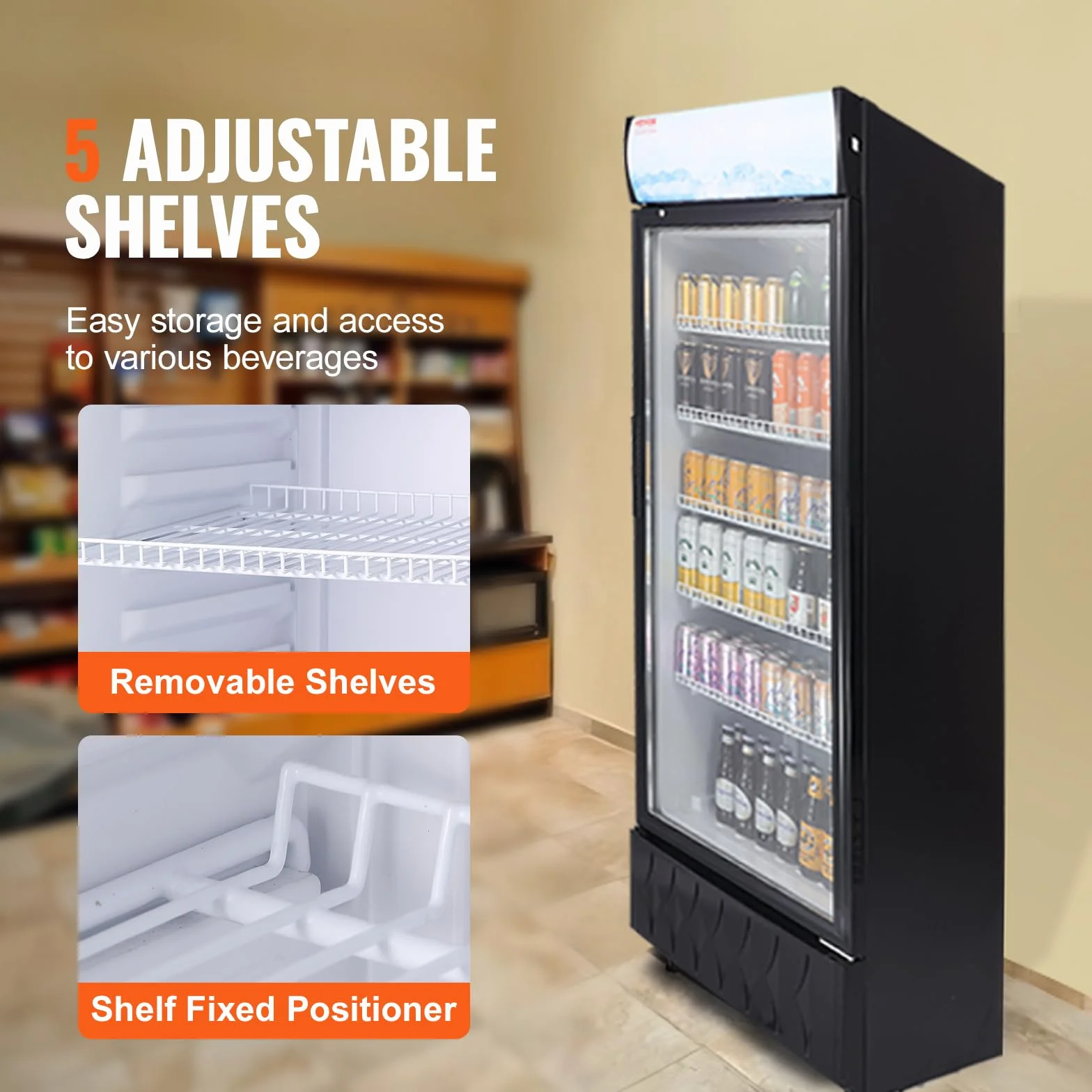 VEVOR Refrigerador de Bebidas Comercial 345 L Refrigerador Vitrina Temperatura 0-10 °C Gabinete de Bebidas Refrigerado 5 Estantes Ajustables y Caja de Luz Personalizable para Tienda Supermercado Bar