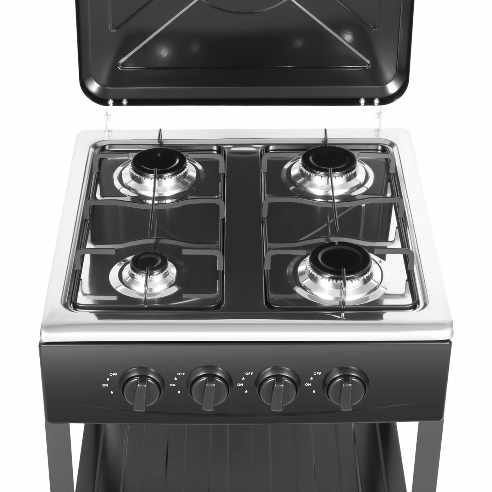 Cocina de gas independiente de 4 fuegos con estante, placa de gas para propano/gas natural, encendido manual, estufa de gas para camping, exterior, autocaravana, color negro, 49 x 49 x 79 cm