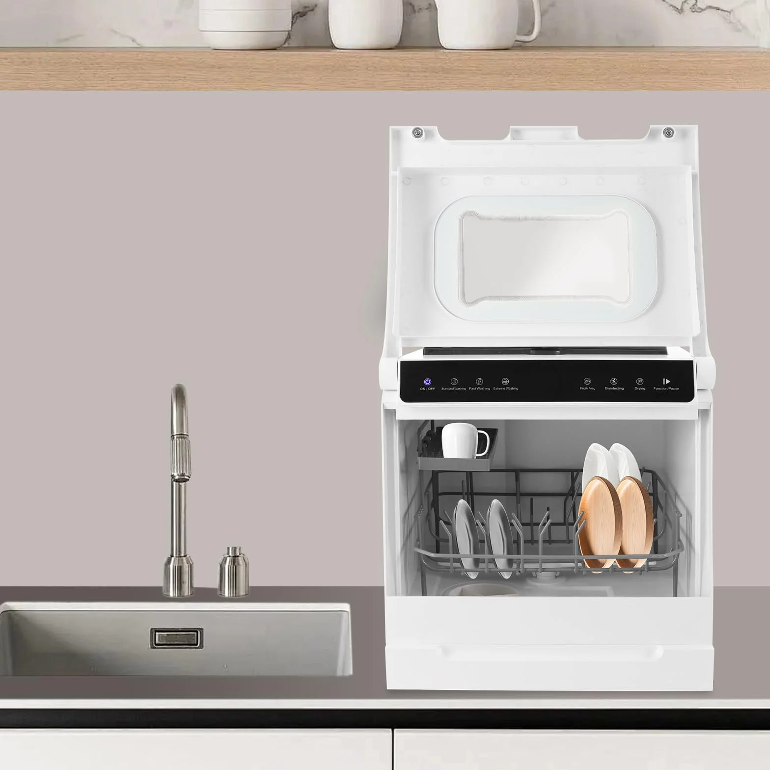 Mesa compacta para lavavajillas, eficiente energéticamente y silenciosa, 52 dB, 6 programas, incluye desinfección y secado, para cocina, autocaravana, apartamento, 46 cm, color blanco