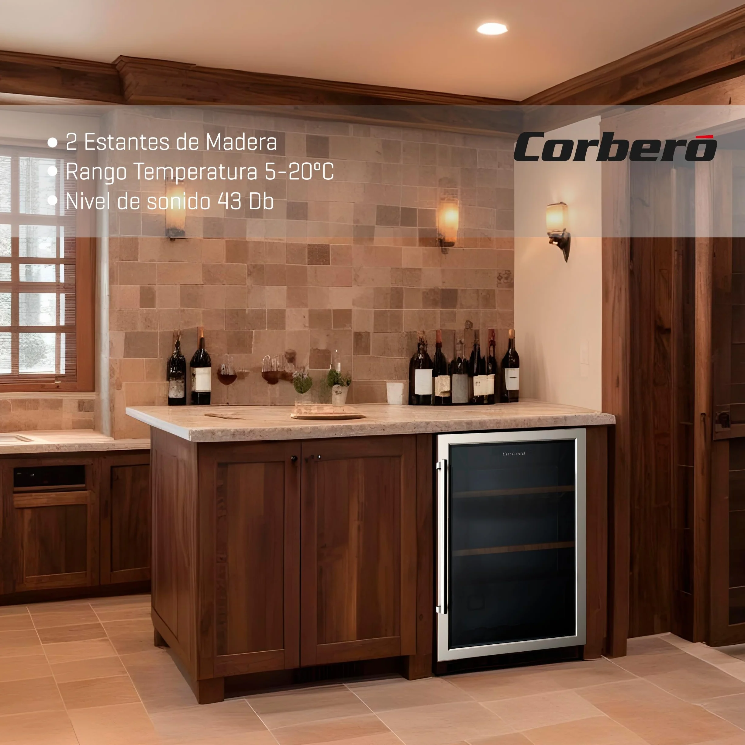 Corberó - Vinoteca CFKWC61SW | 126L | 61 Botellas | Puerta Cristal | Display LED | 2 Estantes Madera | Rango Temperatura 5-20ºC | Nevera para vinos | Negro