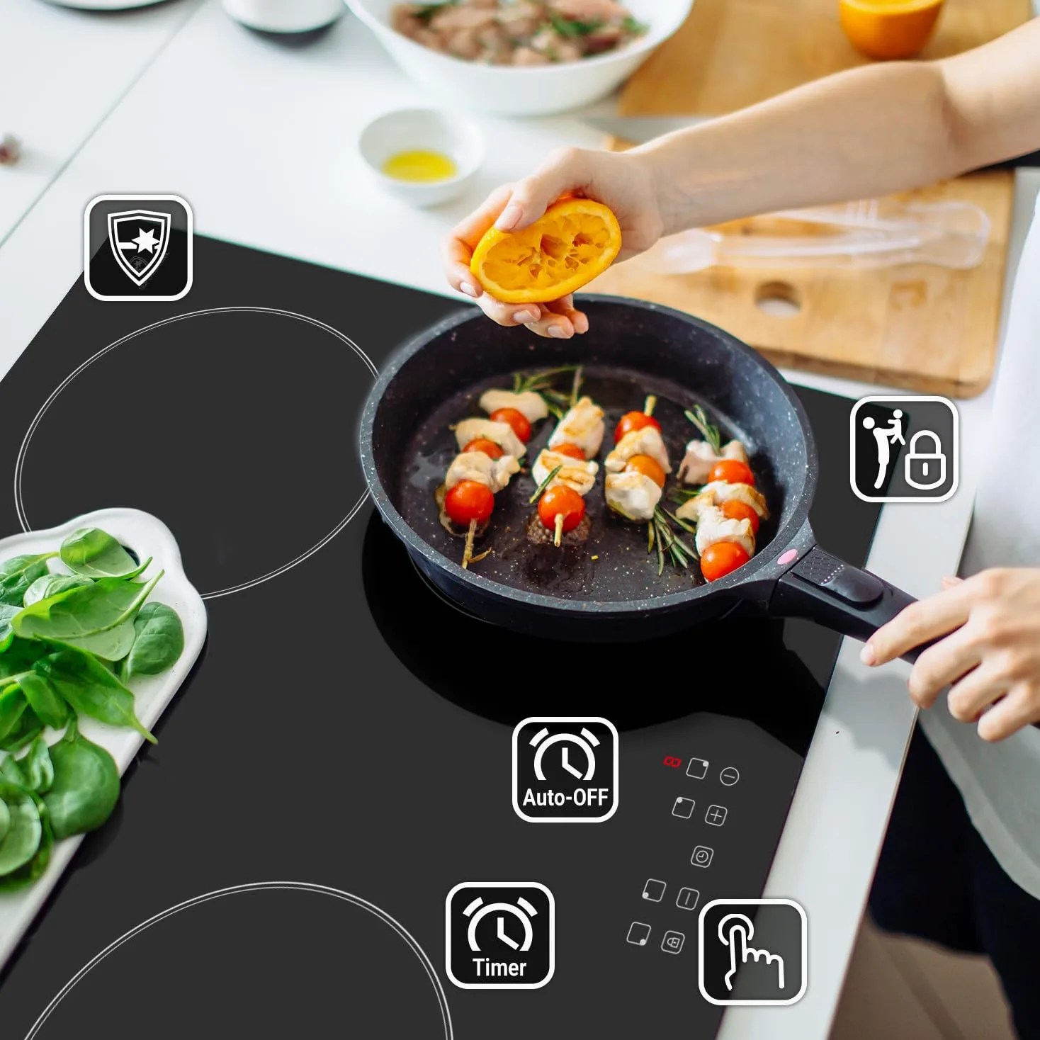 KKT KOLBE placa de cocina vitrocerámica independiente con espirales calefactoras 60 cm | 6 kW | 4 zonas | 9 niveles | sin marco | táctil | temporizador de apagado | seguro para niños | CH5900RL