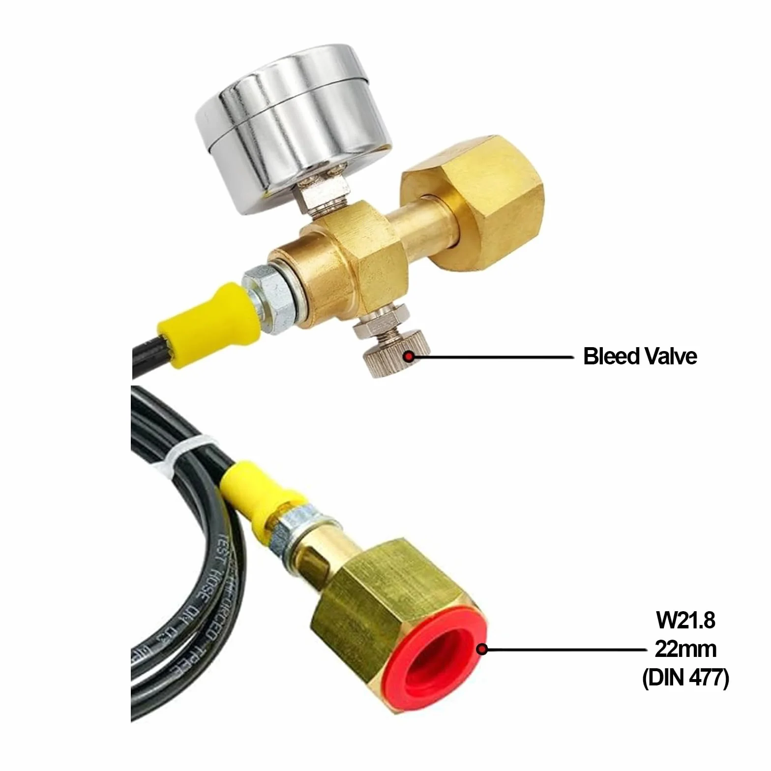 Manguera de CO2 1.5m W21.8-14 DIN477, Adaptador de Tanque de CO2 con Manómetro de 3500 PSI y Válvula de Alivio de Presión para Estaciones de Llenado de CO2 y Suministro de Argón y Nitrógeno