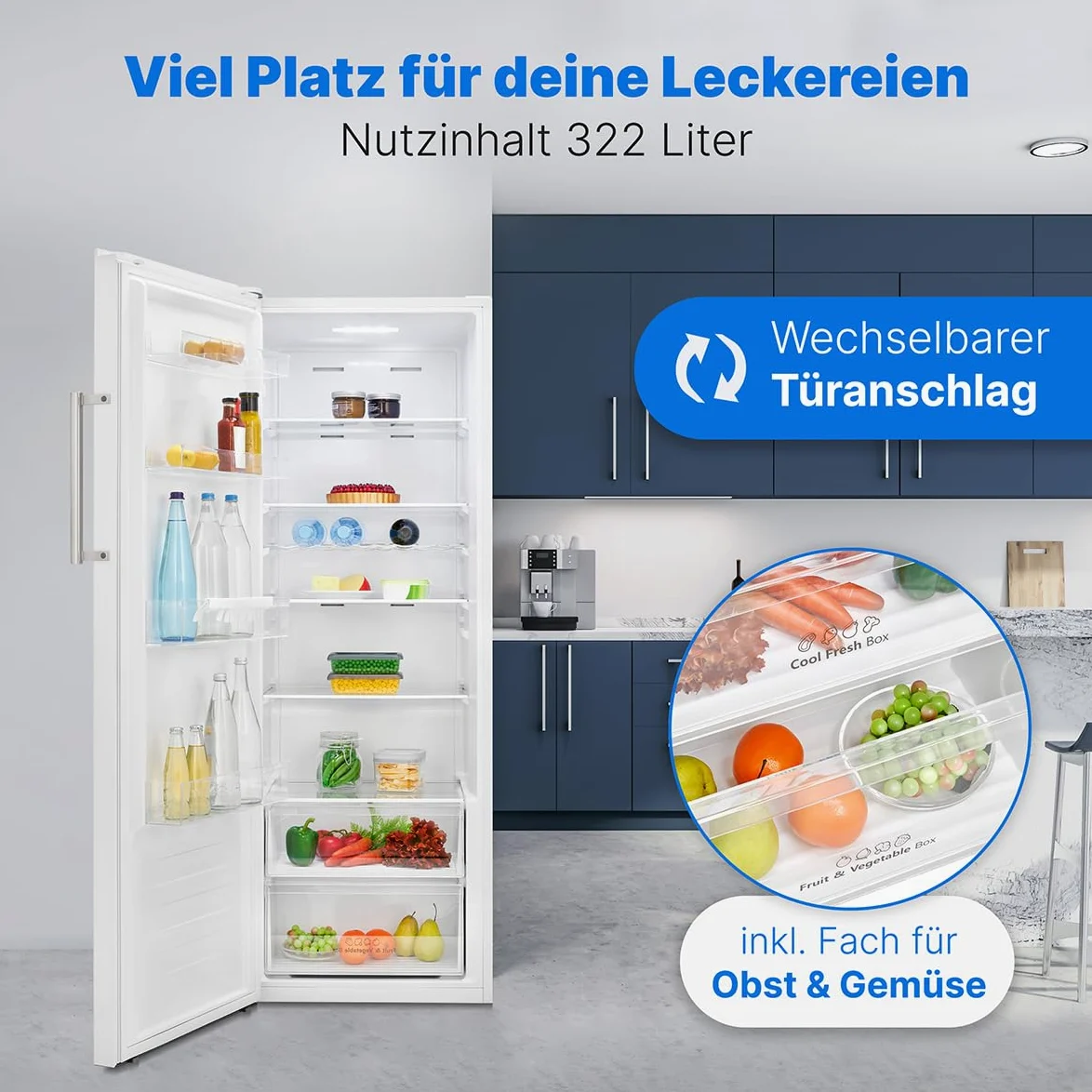 Bomann® VS 7345 Fridge without Freezer Compartment 322 L / 172 cm/Fridge with Quick Cooling Function and MultiAirflow System for Even Cooling, Drinks Fridge 5 Shelves, Door Hinge Changeable