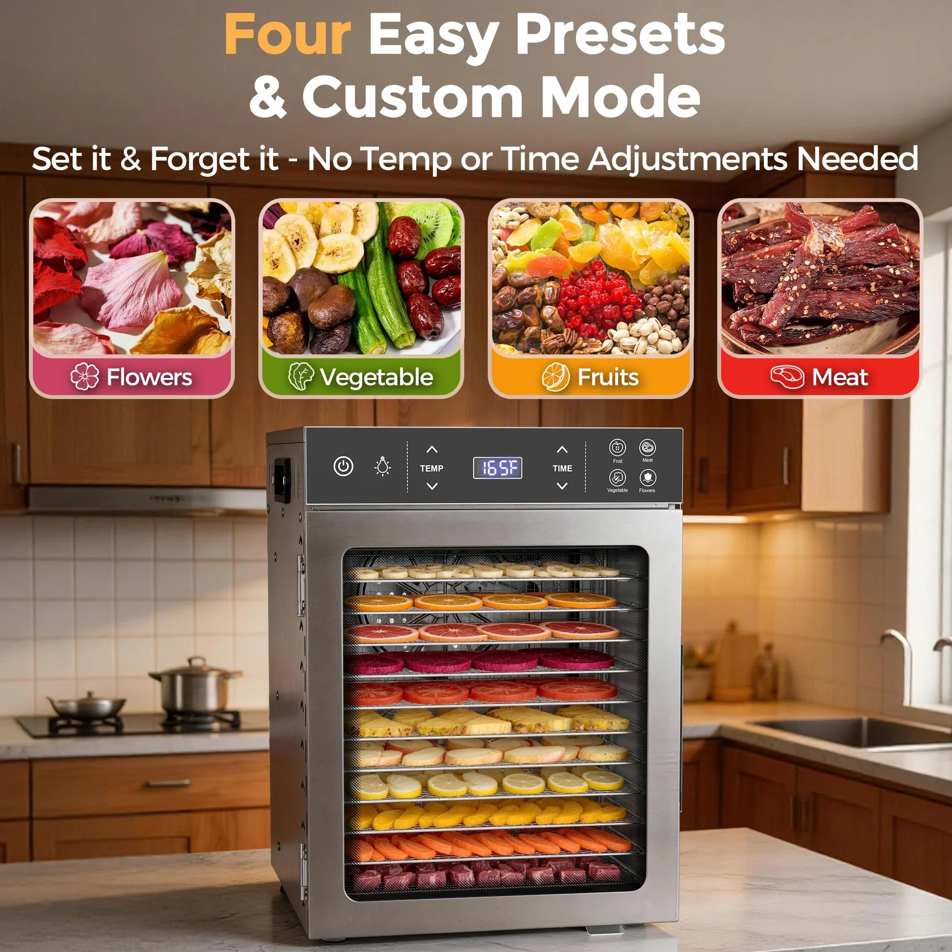 Suteck Secador de alimentos con 12 cuencos, 800 W con cuencos de acero inoxidable, ventiladores dobles y flujo de aire de 360°, control digital de temperatura y
