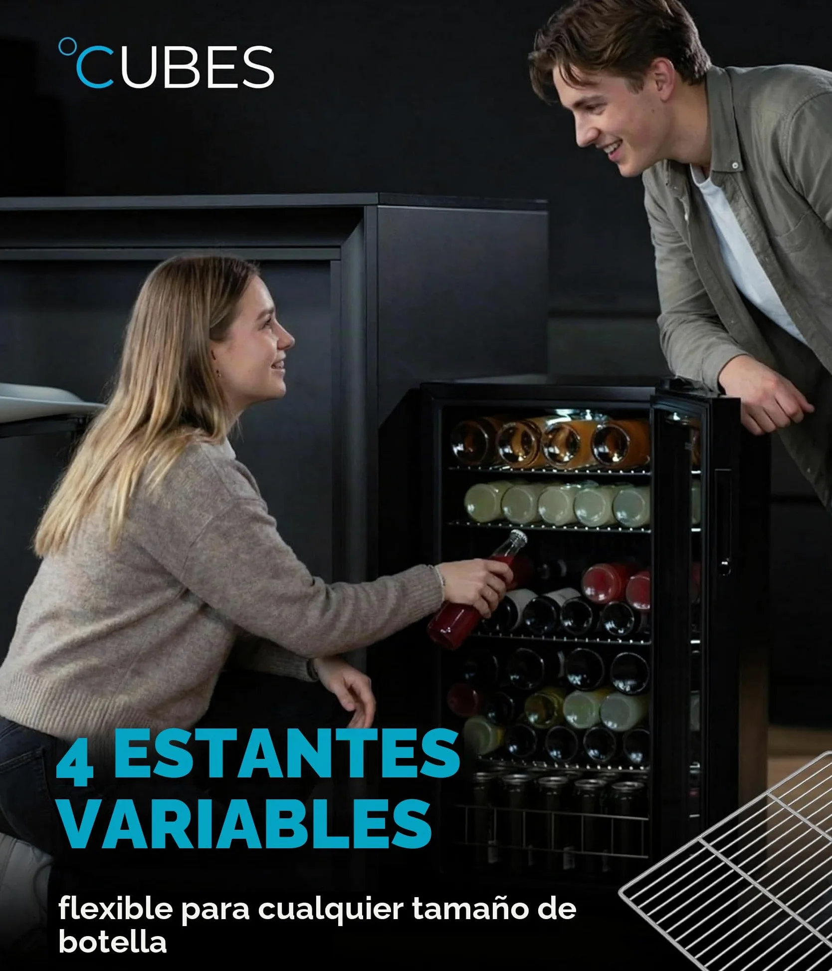 °CUBES Frigorífico para bebidas BAR 90L, frigorífico con puerta de cristal, con 4 estantes