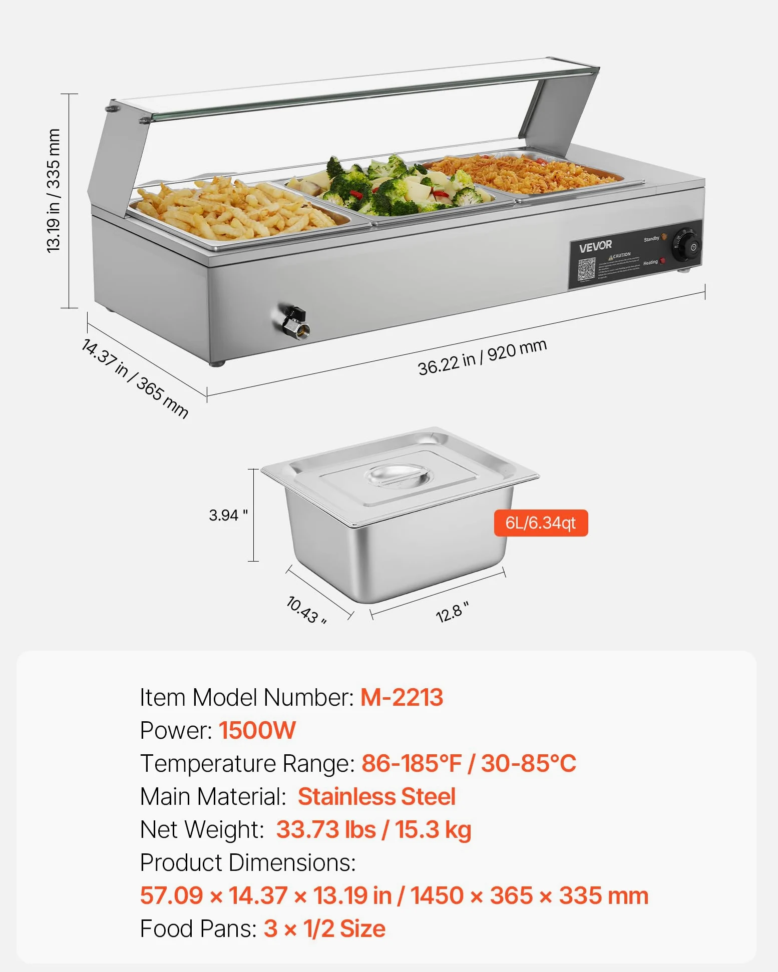 VEVOR Calentador de Alimentos, Tapa de Vidrio y 3 Recipientes,1,5 kW, Acero Inoxidable, Baño María, Estación de Calentamiento de Alimentos para Restaurantes, Fiestas y Buffets, 920 x 365 x 335 mm