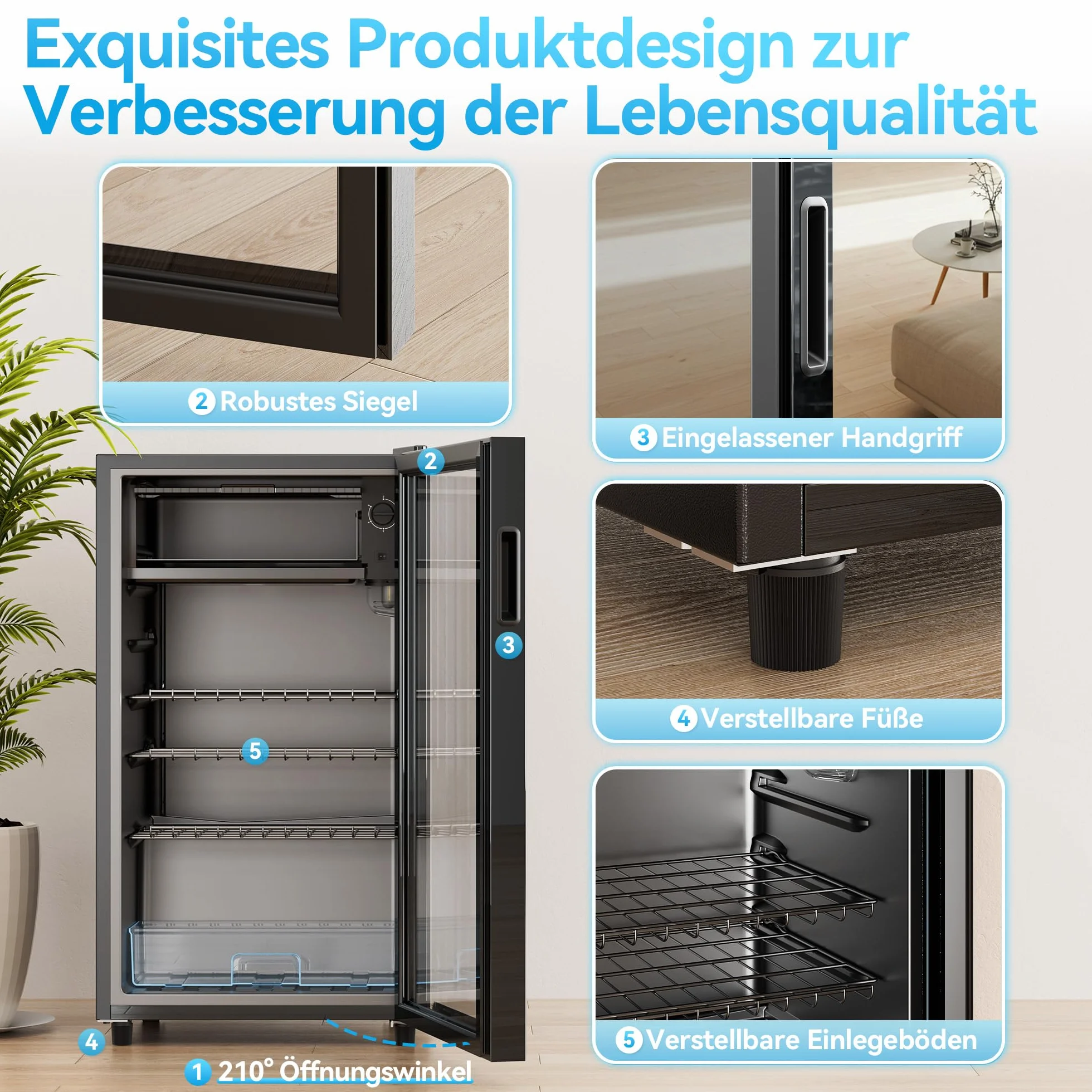 TRIUMPHKEY Nevera para Bebidas, Nevera Compacta de 85 Litros con Luces LED Azules, Nevera para Cerveza, Diseño de Puerta Completa de Cristal con 4 Estantes y Botelleros para Refrescos, Cerveza y Vino.
