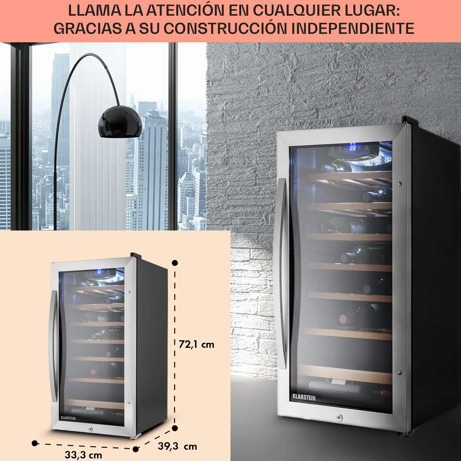 Klarstein Vinoteca 26 Botellas, Nevera Vinos, Una Zona de Refrigeración, Nevera Expositora Vino y Cerveza, Vinoteca Interior y Exterior con Puerta de Cristal, Nevera Vino con Protección UV, 5-18°C
