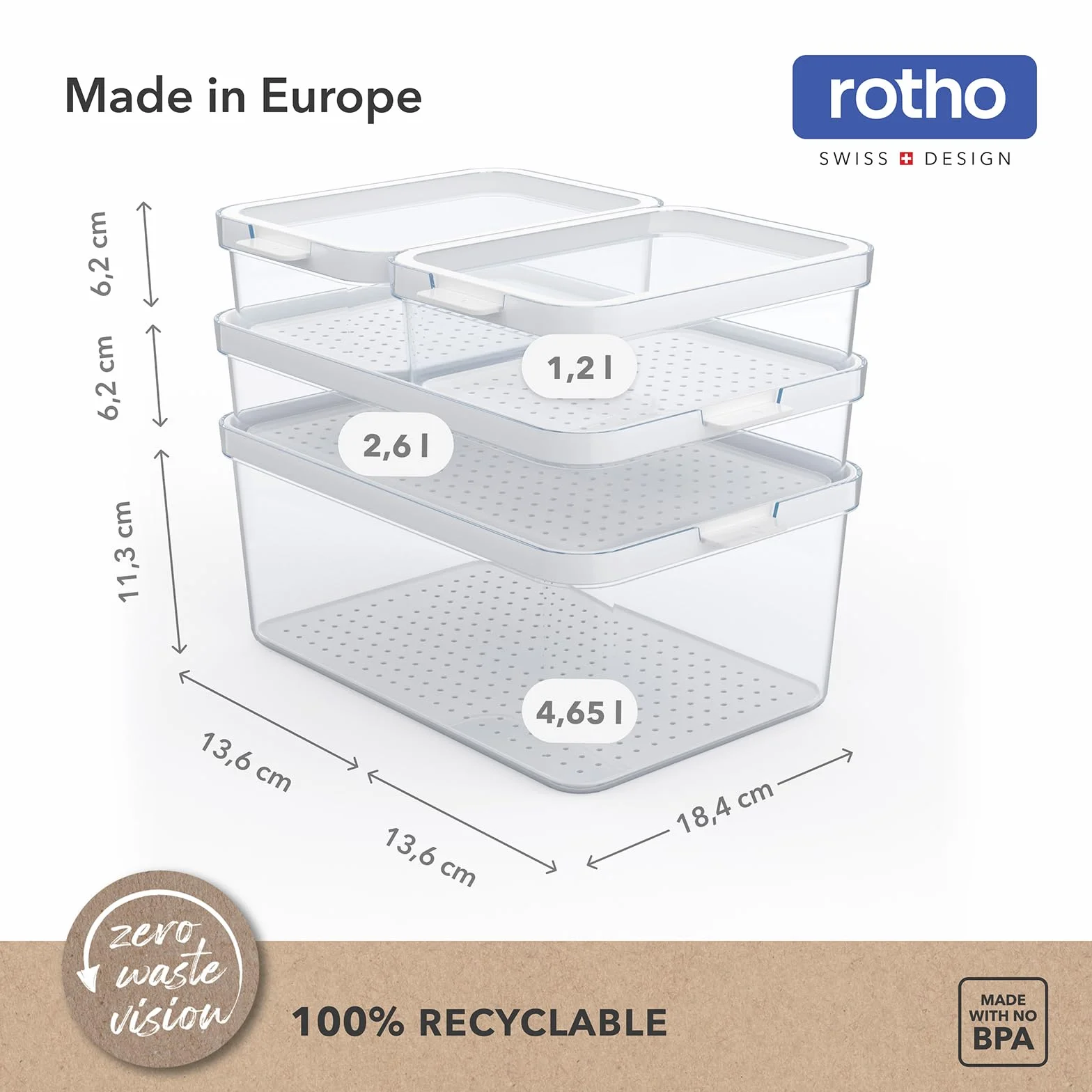 Rotho CAUMA Organizadores Frigorífico, Set de 4 Cajas Transparentes Apilables para Nevera y Despensa, Plástico PP sin BPA, con Bandeja Interior Perforada