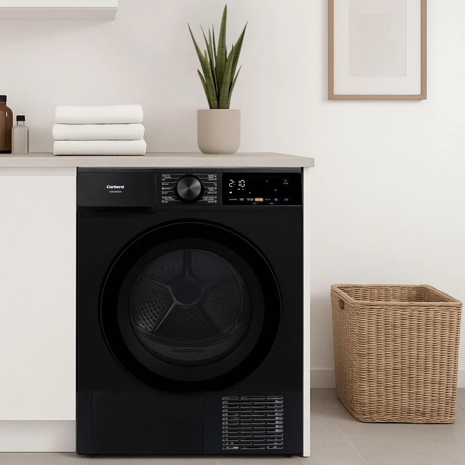 Corberó - Secadora Bomba de Calor Excellence | CSBCM850N | 8 kg | 84,5 x 60 x 59,5 cm | Motor Inverter | 5 Niveles de Secado | Purificación Luz UV | Tambor Inox | 65 dB | Negro | Clase C