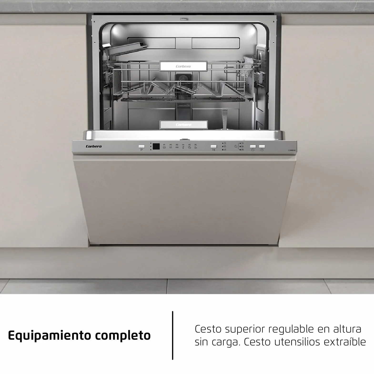 Corberó - Lavavajillas integrable 60 cm | CLVM8626I | 13 cubiertos | 6 programas | Tercera bandeja mini | Función ECO| Media Carga| Función 3 en 1 | Auto Apertura | Inox
