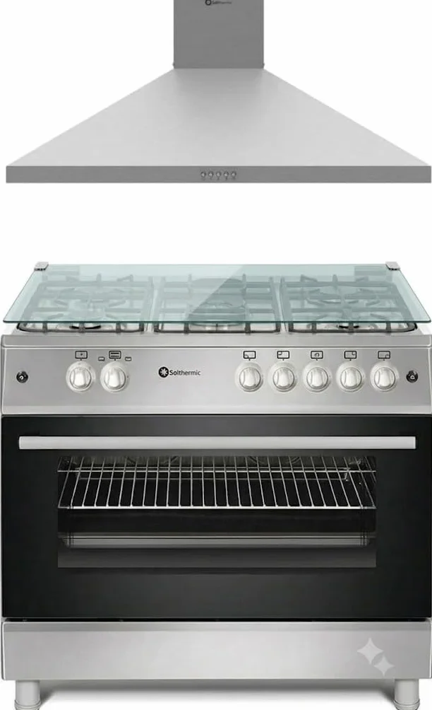 PACK 90 CM COCINA A GAS PANORAMICA SOLTHERMIC Y CAMPANA EXTRACTORA / 3 VELOCIDADES / 650 M/H CAPACIDAD DE EXTRACCIÓN/SILENCIOSO