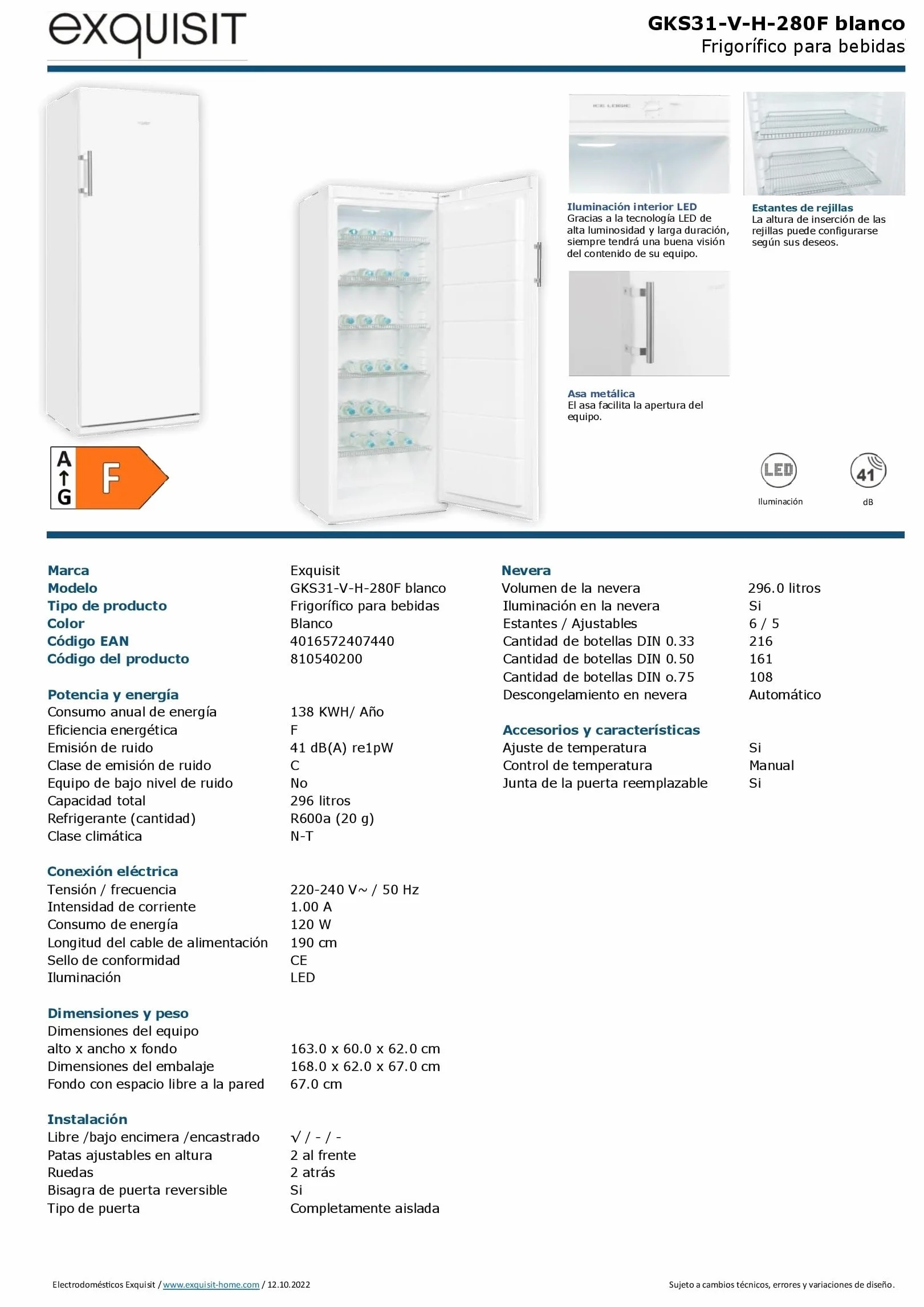 Exquisit® Frigorífico para Bebidas 296L, Color Blanco, Clase E, Puerta Reversible, 6 Estantes de Rejilla, Tirador Externo de Acero, Iluminación LED, Medidas (163,0 x 60,0 x 62,0 cm)