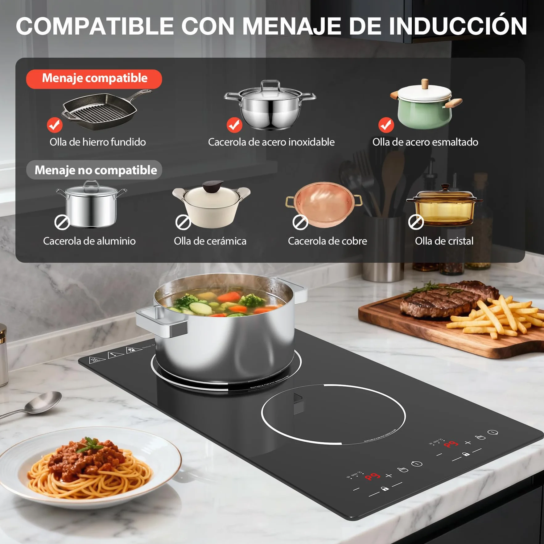 Placa de Inducción 2 Fuegos 3000W, Placa de Cocción Eléctrica 220-240V 51cm con 9 Niveles de Potencia y Temperatura, Temporizador & Indicador de Calor Residual - Encastrable o de Sobremesa