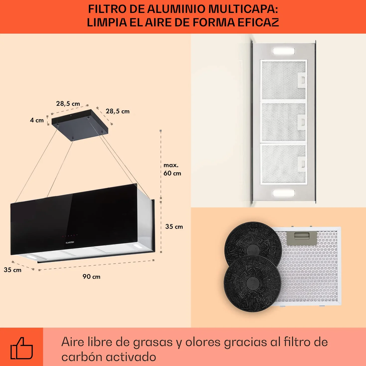 Klarstein Campana Cocina Extractor Techo 590m³/h Temporizador 3 Modos Filtros Carbón Activo