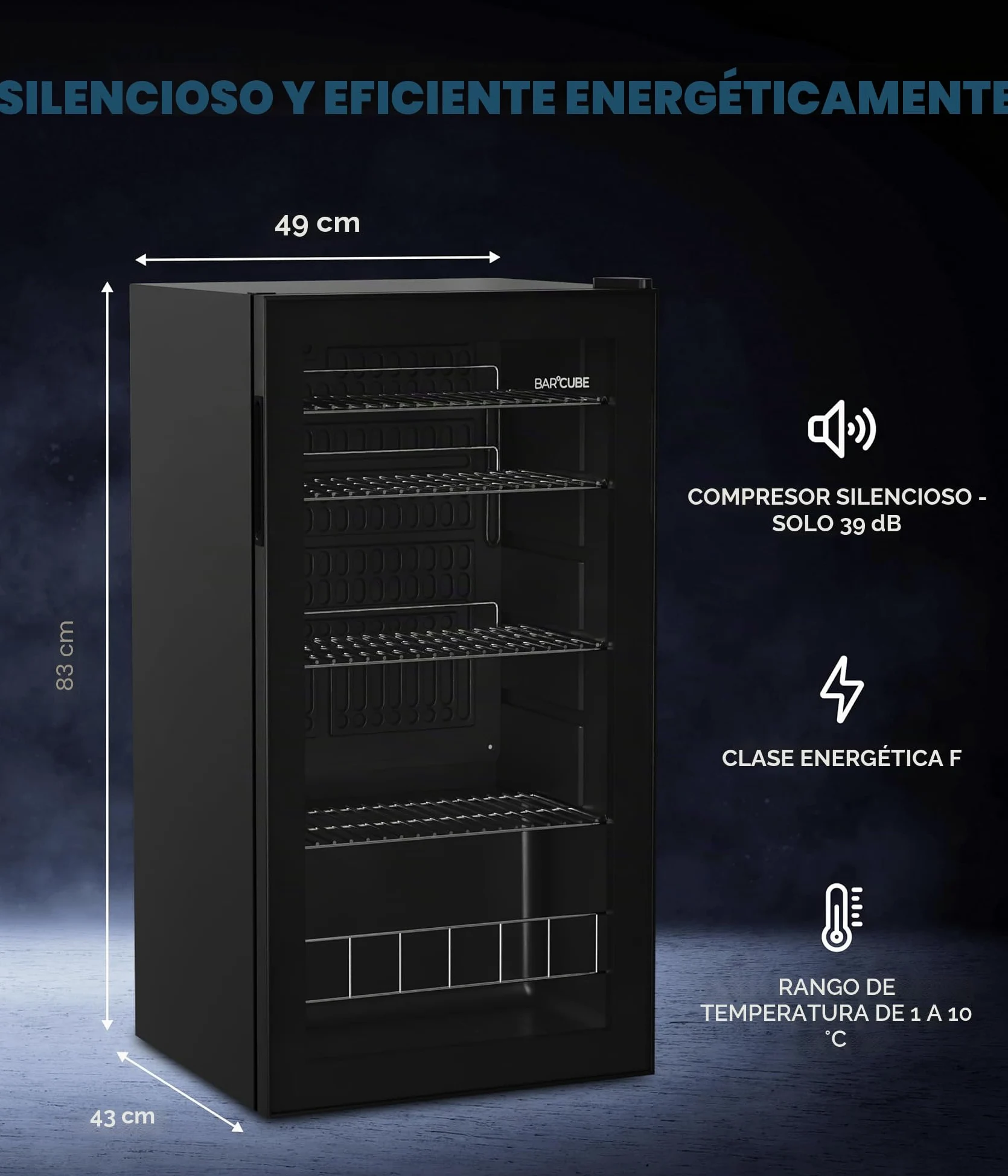 °CUBES Frigorífico para bebidas BAR 90L, frigorífico con puerta de cristal, con 4 estantes