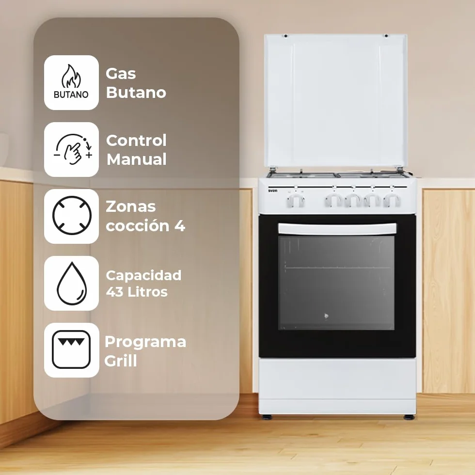 Svan Cocina de Butano con Horno con Grill 55 L SKG4500TM - 4 Zonas de Cocinado, Kit Conversión Gas Natural, Acabado en Esmalte Blanco