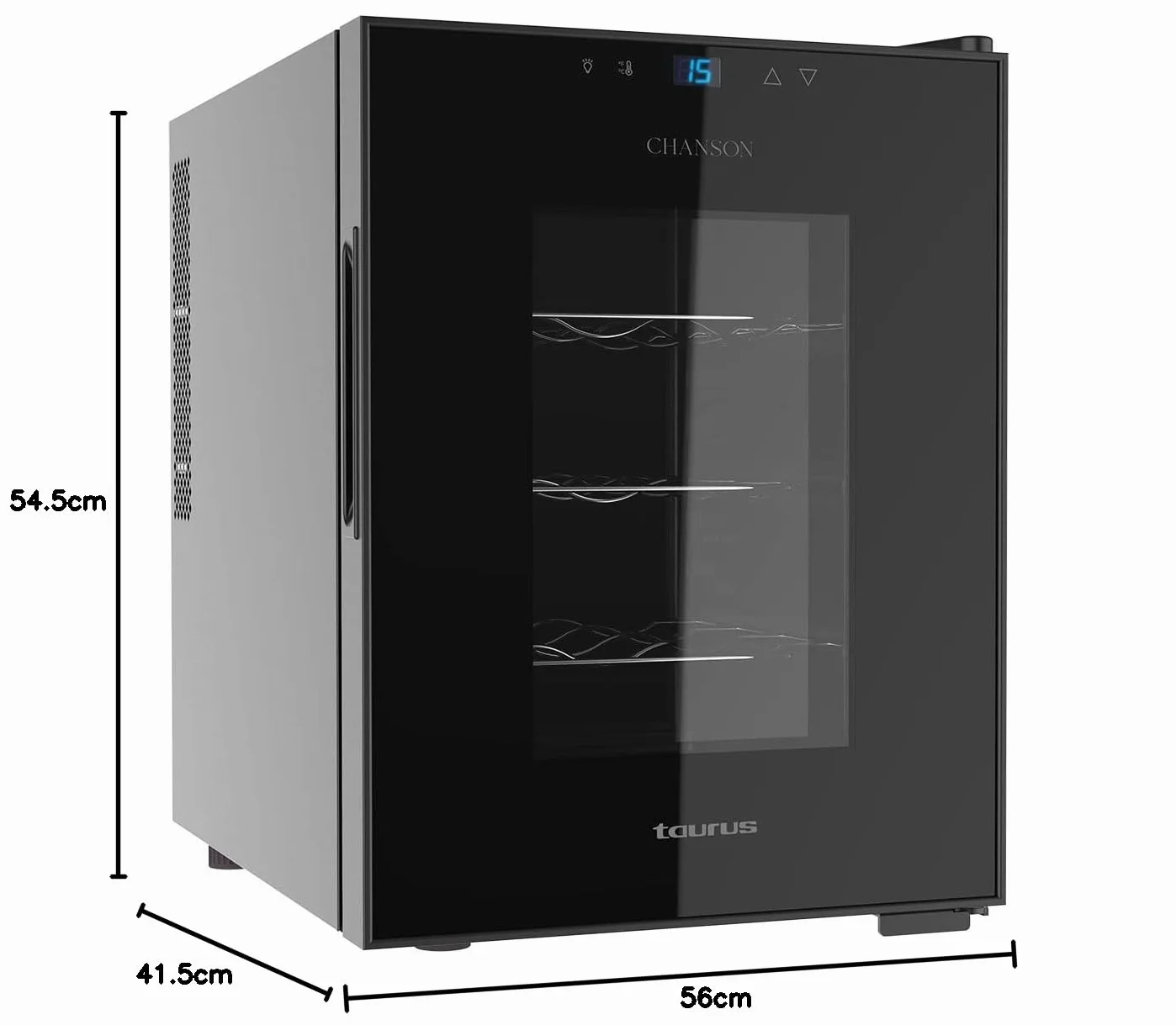 Taurus WC12T - Vinoteca termoeléctrica para 12 botellas, silenciosa, no vibra, aislamiento especial del interior, puerta de vidrio, temperatura regulable con panel táctil, suave luz interior, negro